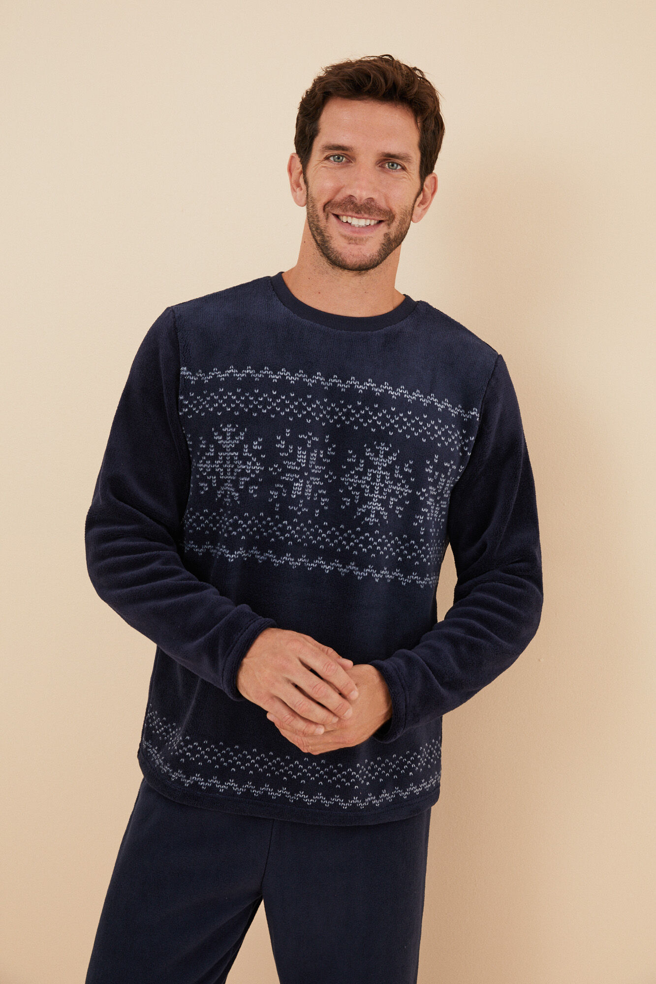 Women'secret Pijama larga hombre polar cenefa invierno azul