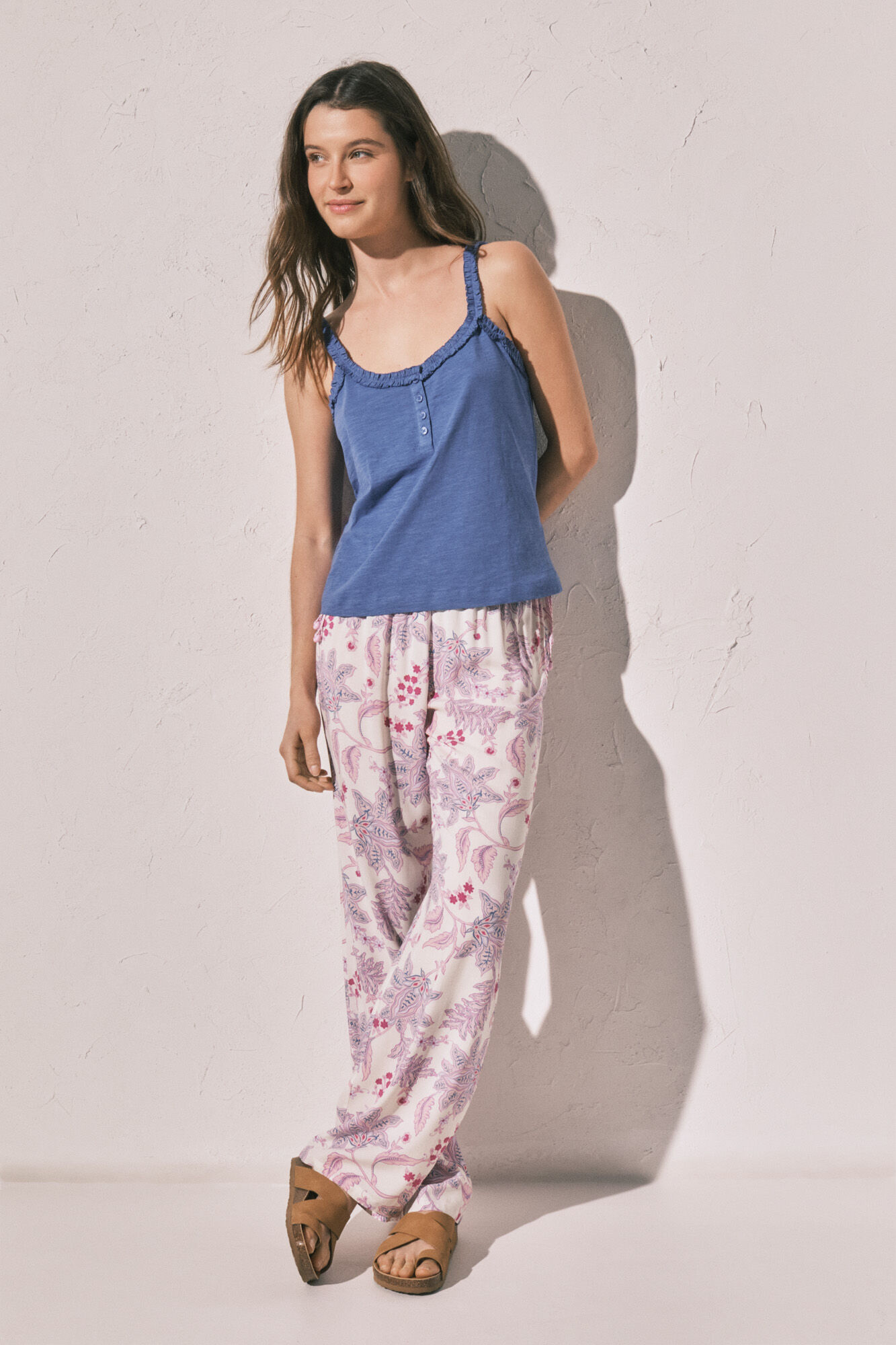 Women'secret Playera de tirantes con volantes de algod&oacute;n azul azul