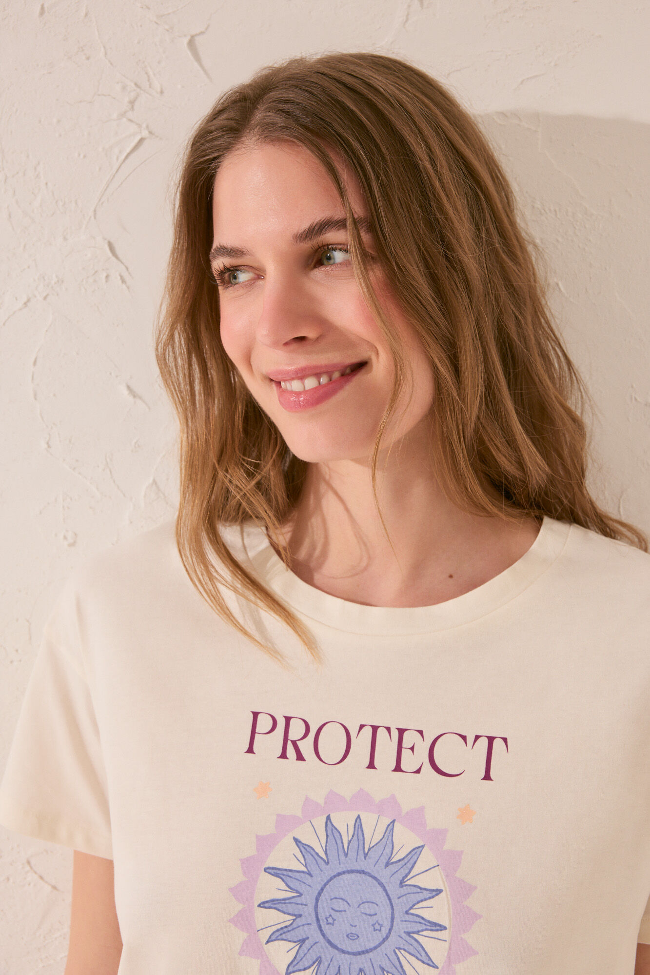 Women'secret Playera de manga corta de algod&oacute;n color marfil marfil