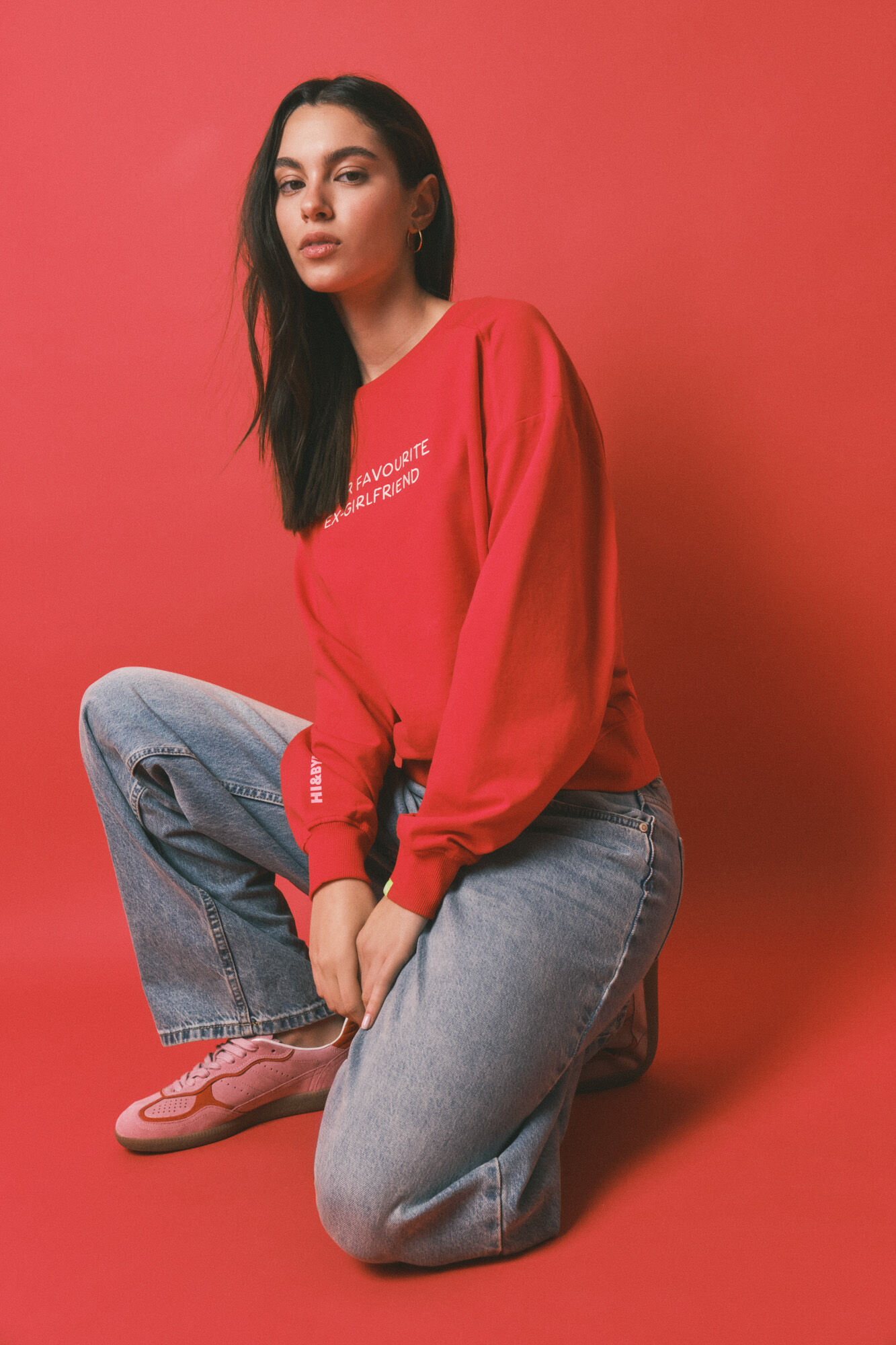 HI&BYE Sudadera corta lisa de algod&oacute;n roja