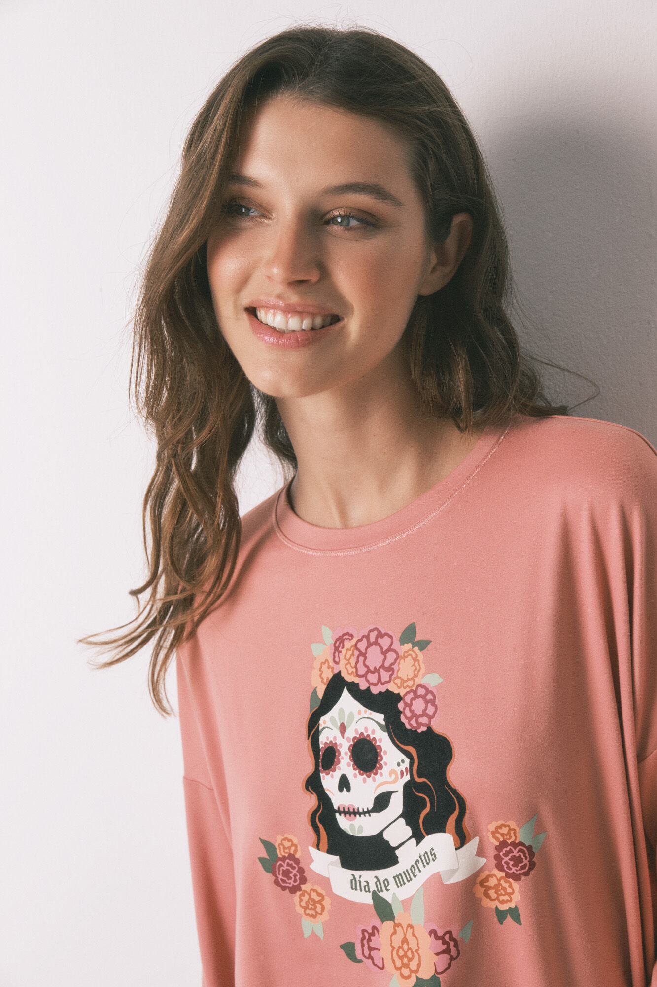 Women'secret Pijama larga forro polar rosa "La Catrina" naranja