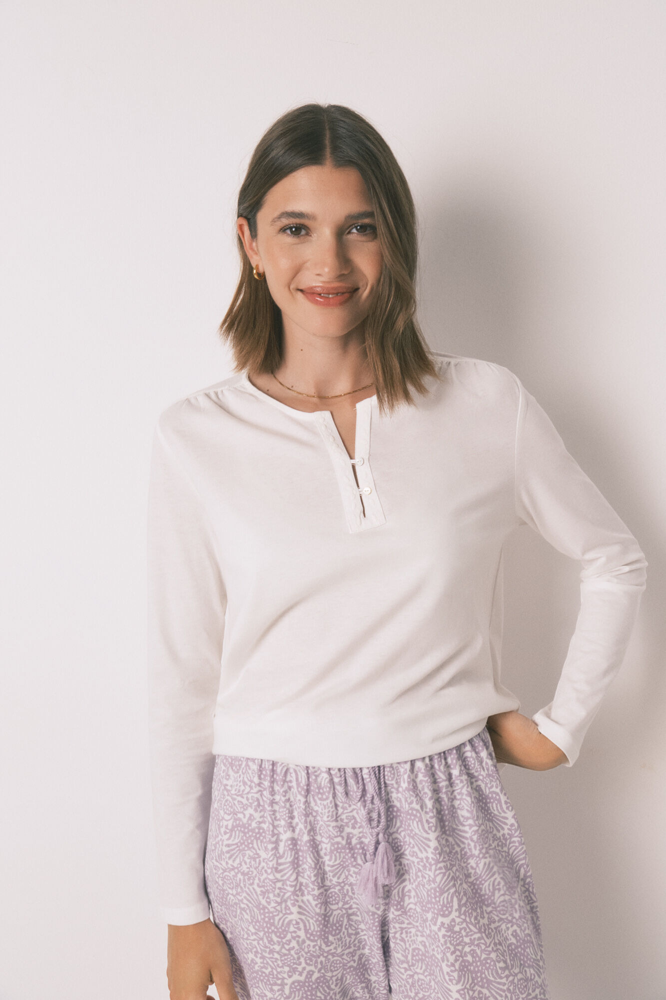 Women'secret Playera blanca de manga larga 100% algod&oacute;n blanco