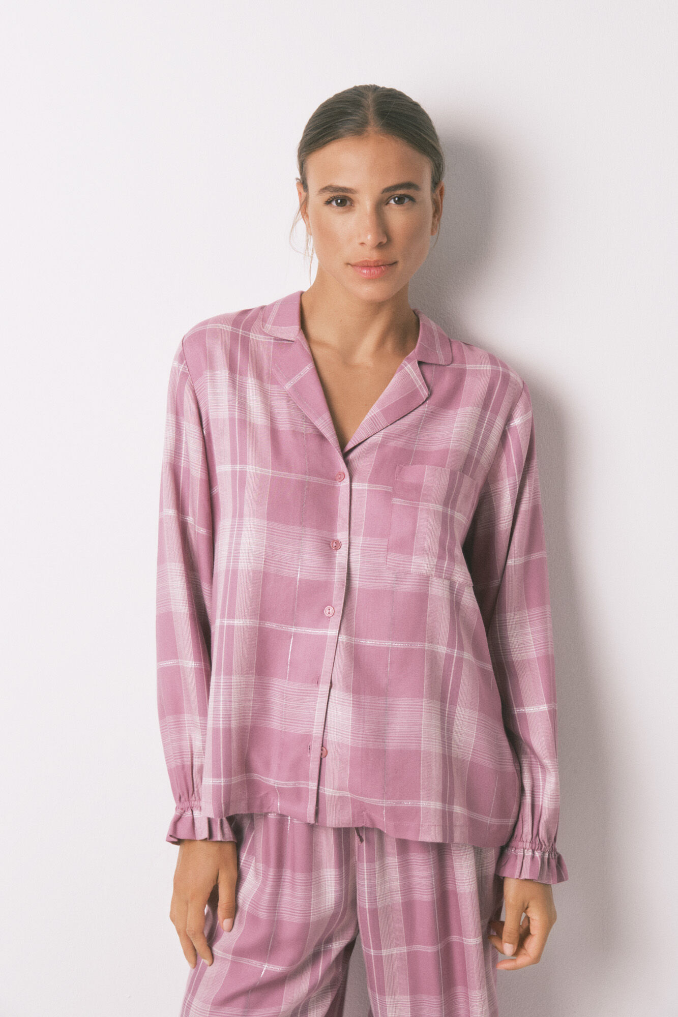 Women'secret Pijama camisera de viscosa a cuadros rosas rosa