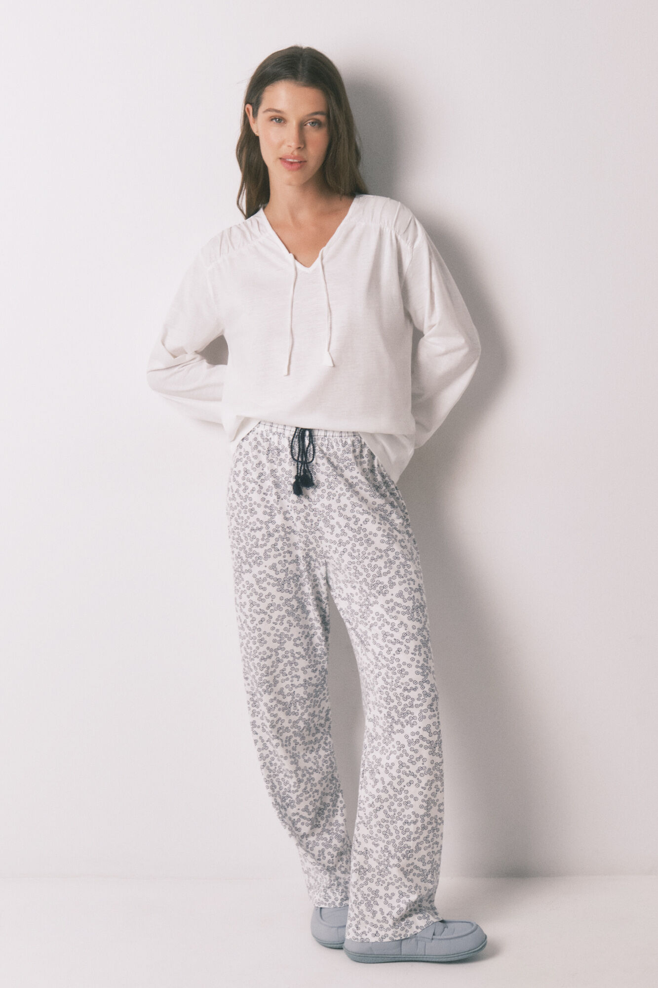 Women'secret Playera manga larga fruncida de algod&oacute;n blanca marfil