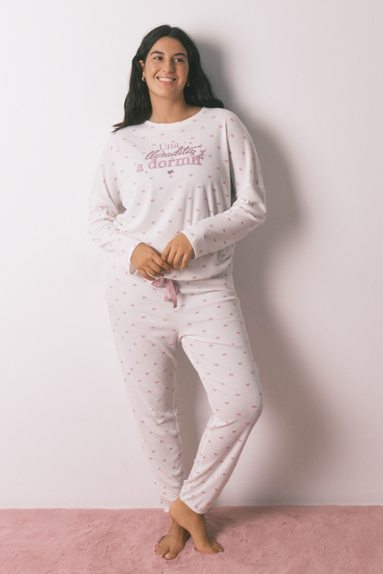 Women'secret Pijama larga de tejido gofre blanco