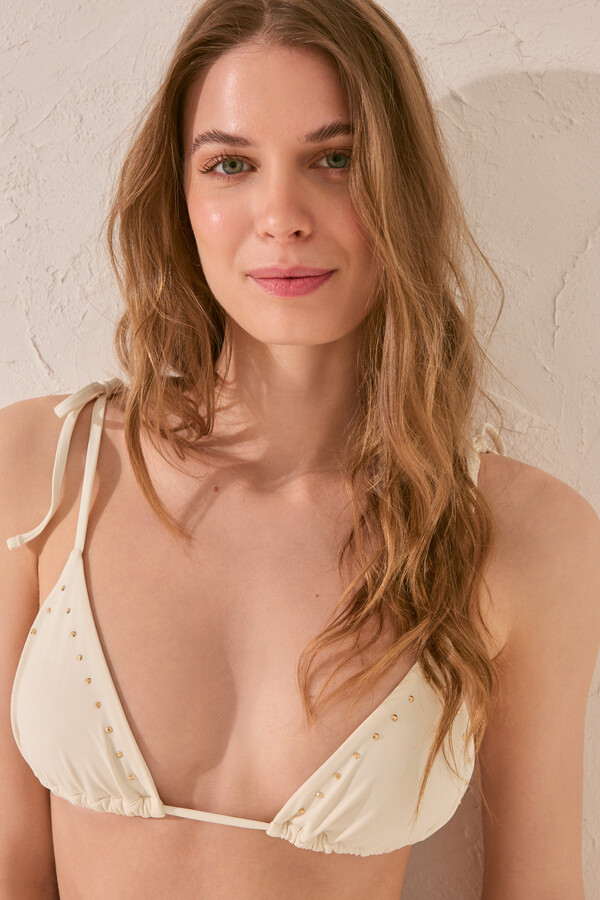 Women'secret Top de bikini triangular color marfil con pedrería brillante marfil