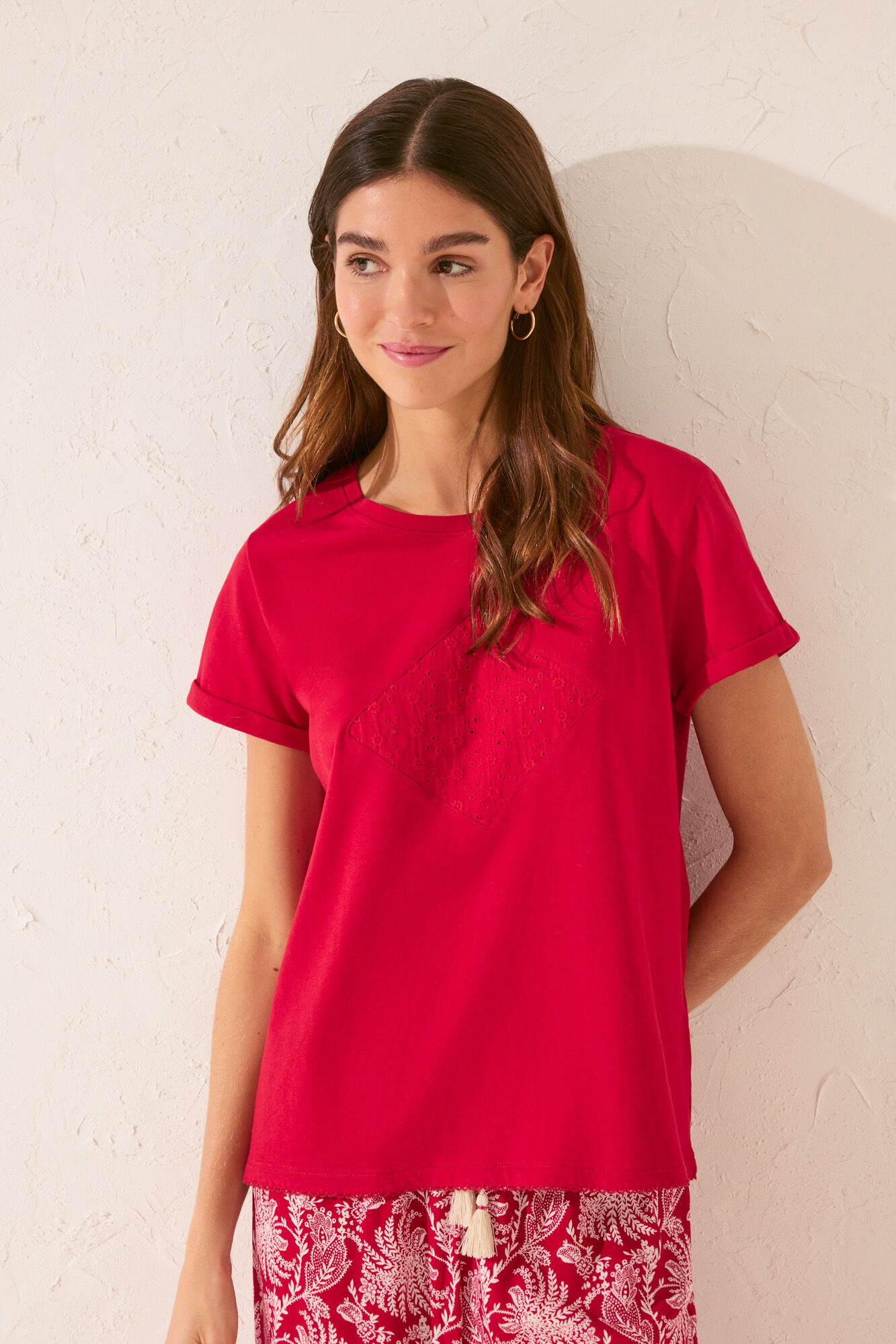 Women'secret Playera de manga corta 100% algod&oacute;n con bordado rojo rojo