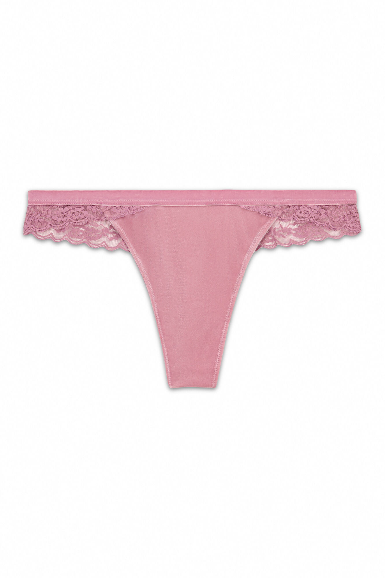 Women'secret Tanga de encaje rosa y terciopelo rosa