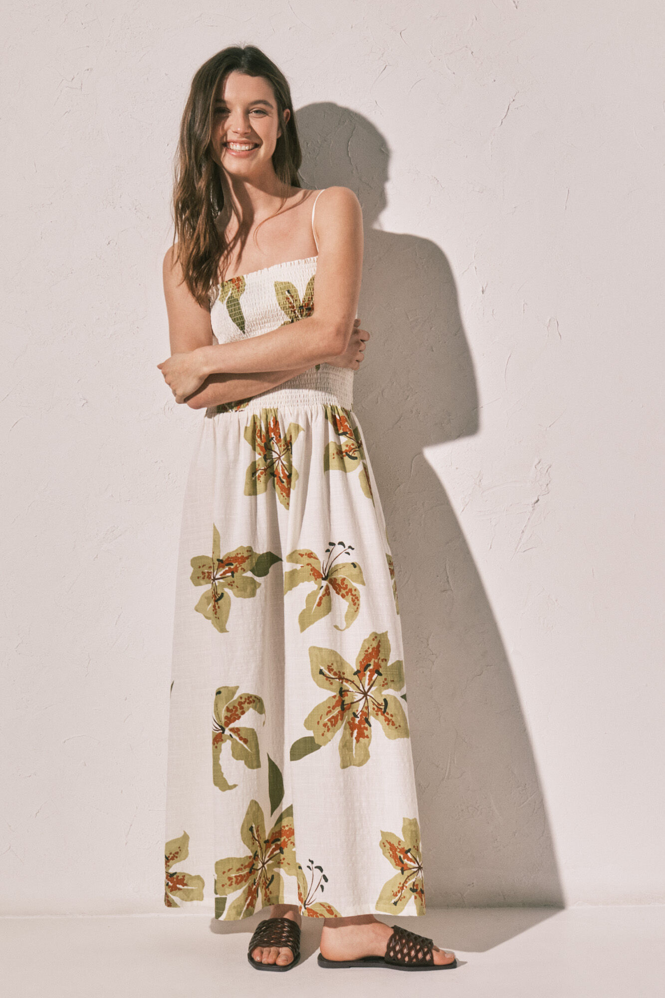 Women'secret Vestido largo de tirantes con escote fruncido estampado