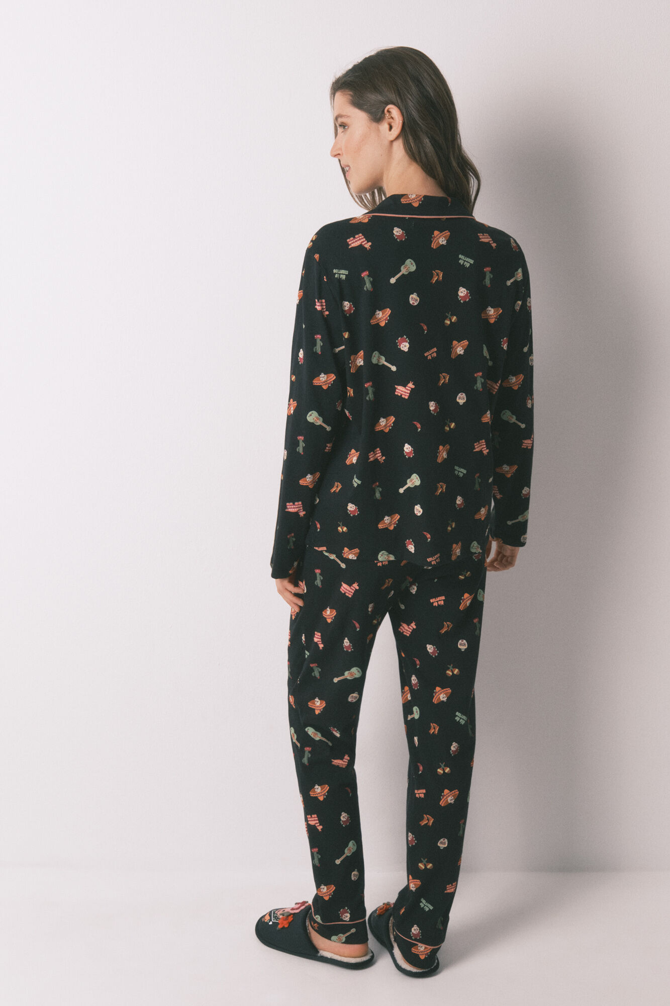 Women'secret Pijama camisera de algod&oacute;n negro "D&iacute;a de Muertos" negro