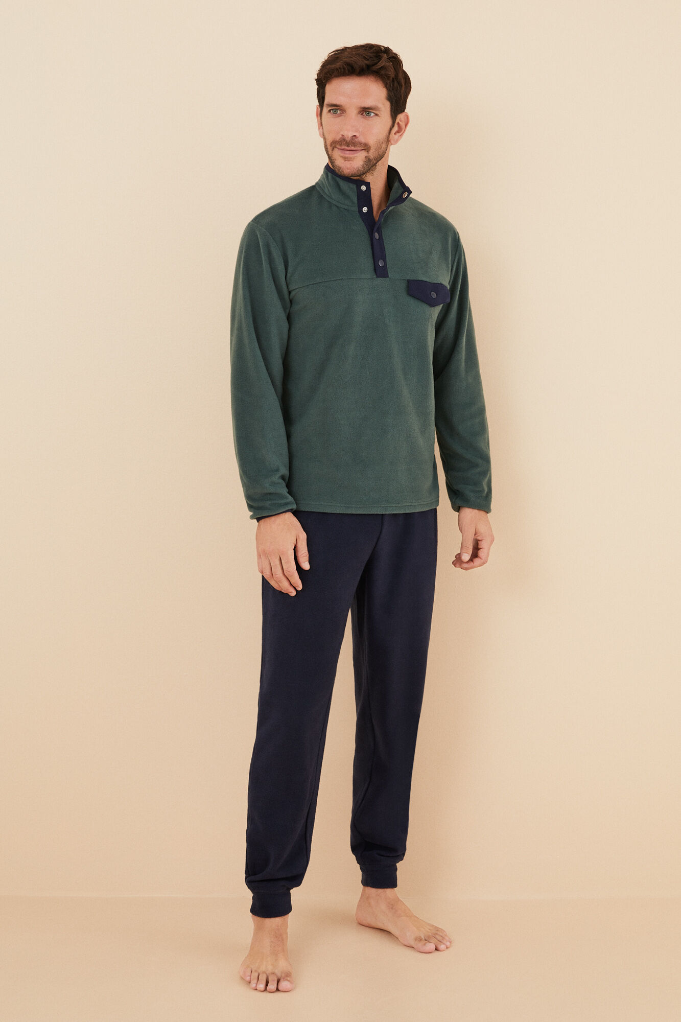 Women'secret Pijama larga hombre cuello chimenea botones kaki