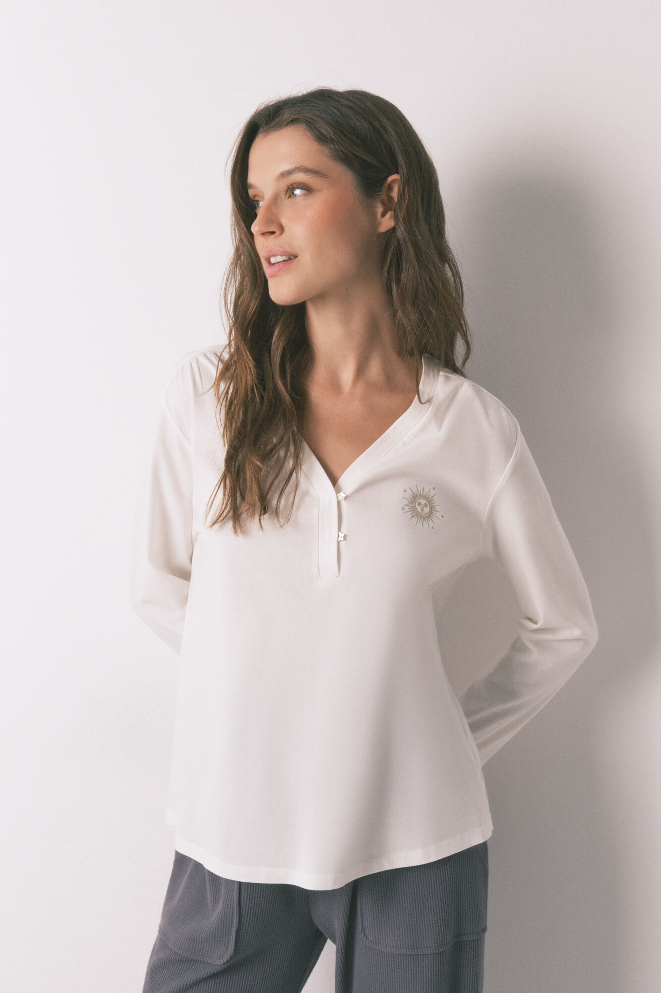 Women'secret Playera blanca de manga larga 100% algod&oacute;n