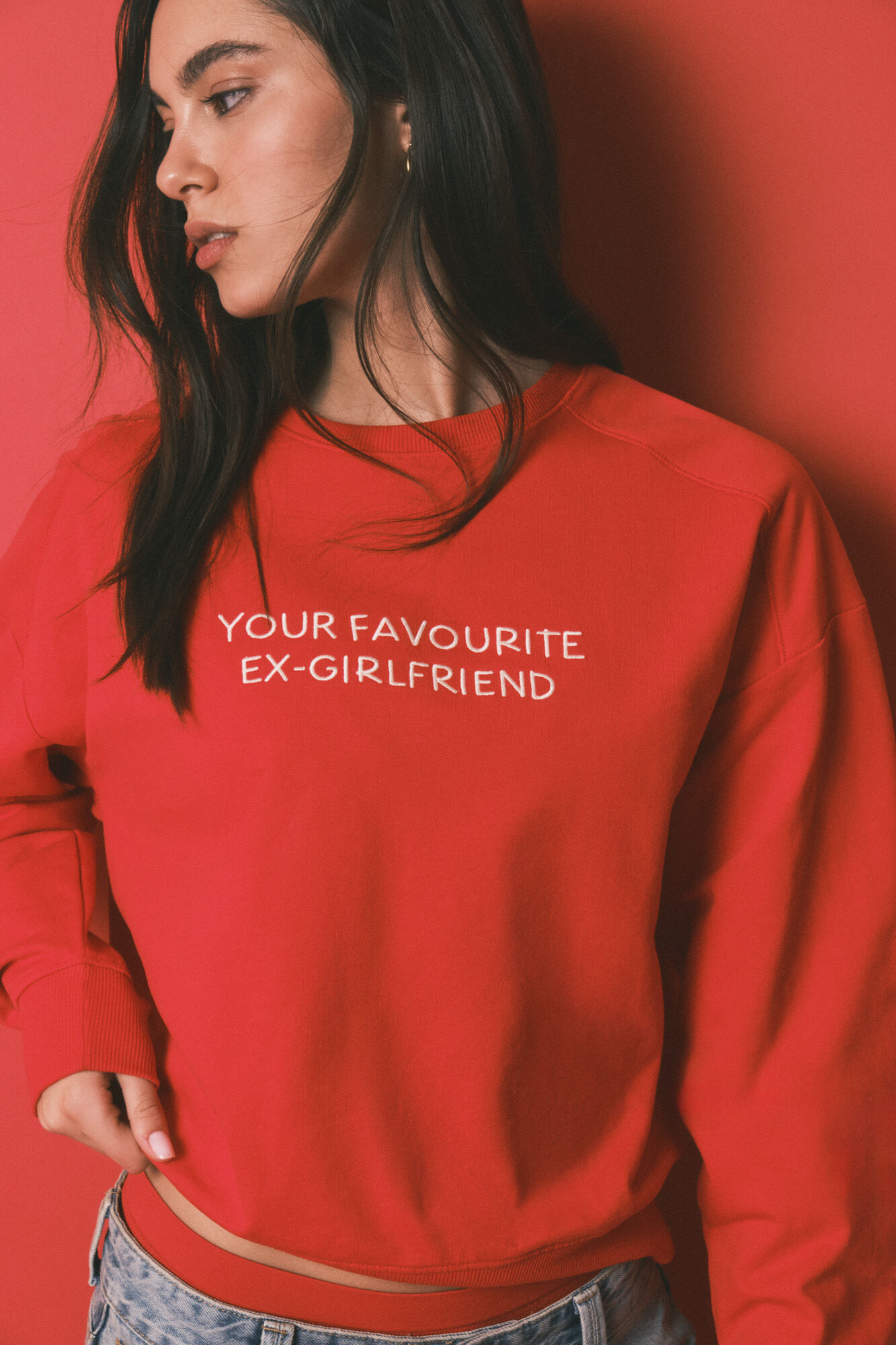 HI&BYE Sudadera corta lisa de algod&oacute;n roja