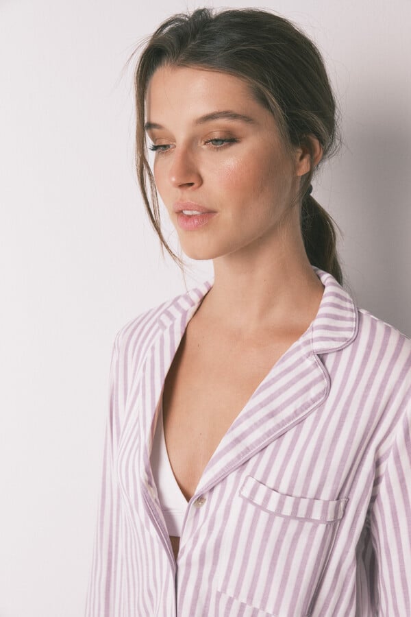 Women'secret Pijama camisera 100% algodón con rayas lilas morado/lila
