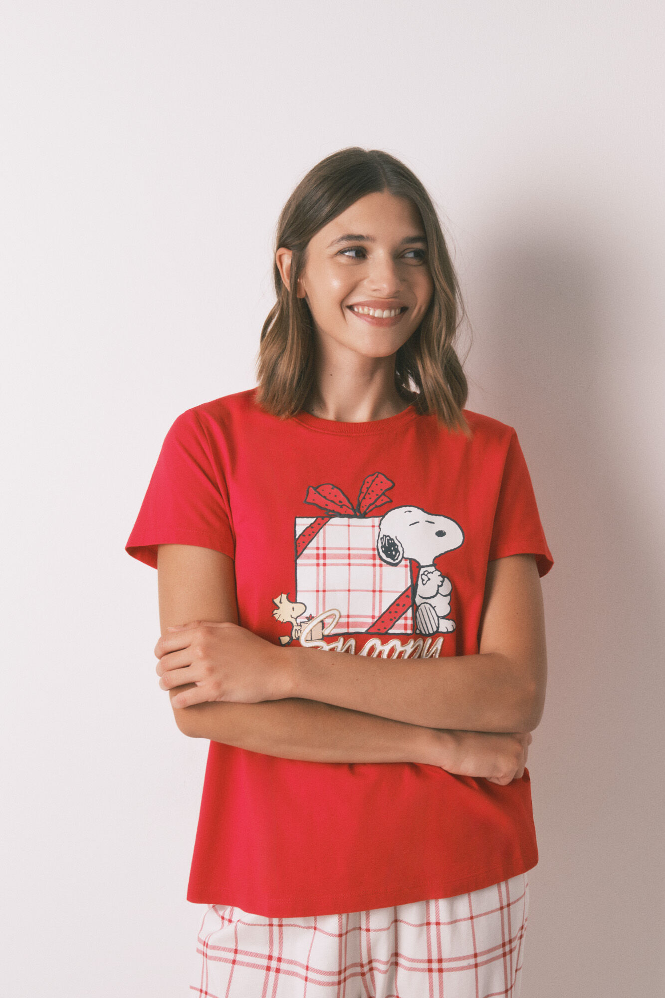 Women'secret Pijama larga 100% algod&oacute;n cuadros rojo Snoopy rojo