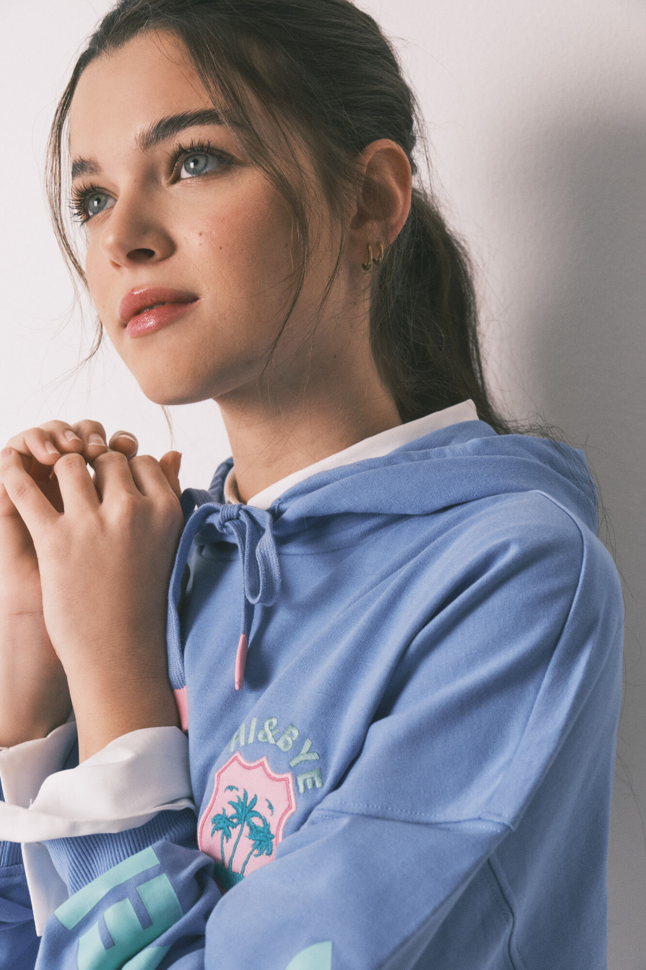 HI&BYE Sudadera con capucha de felpa de algod&oacute;n azul