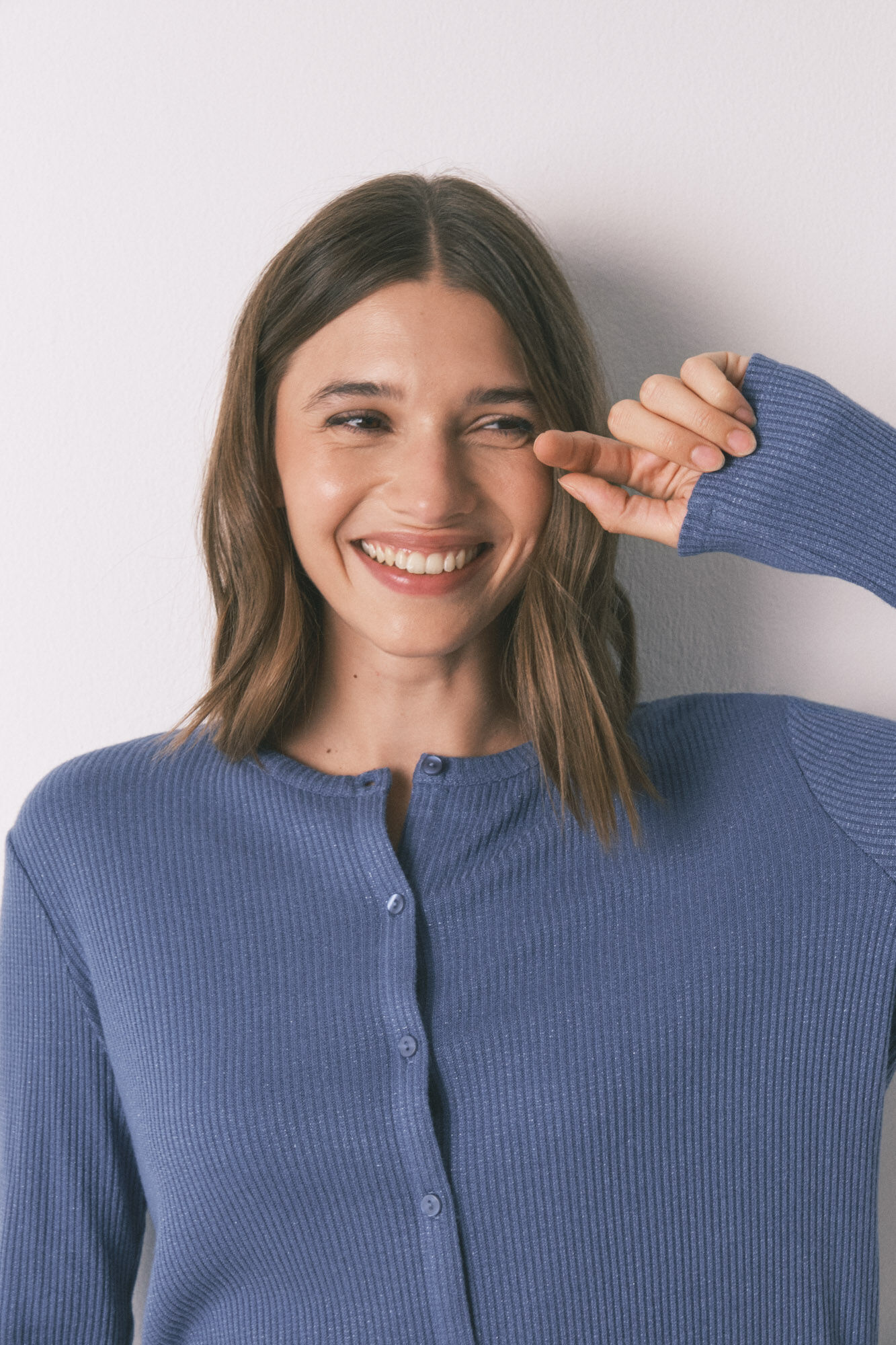 Women'secret Pijama larga rib con efecto brillante azul azul