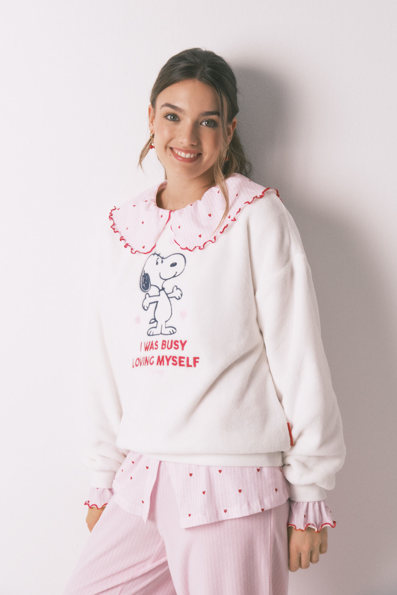 Women'secret Pijama larga de polar Snoopy marfil