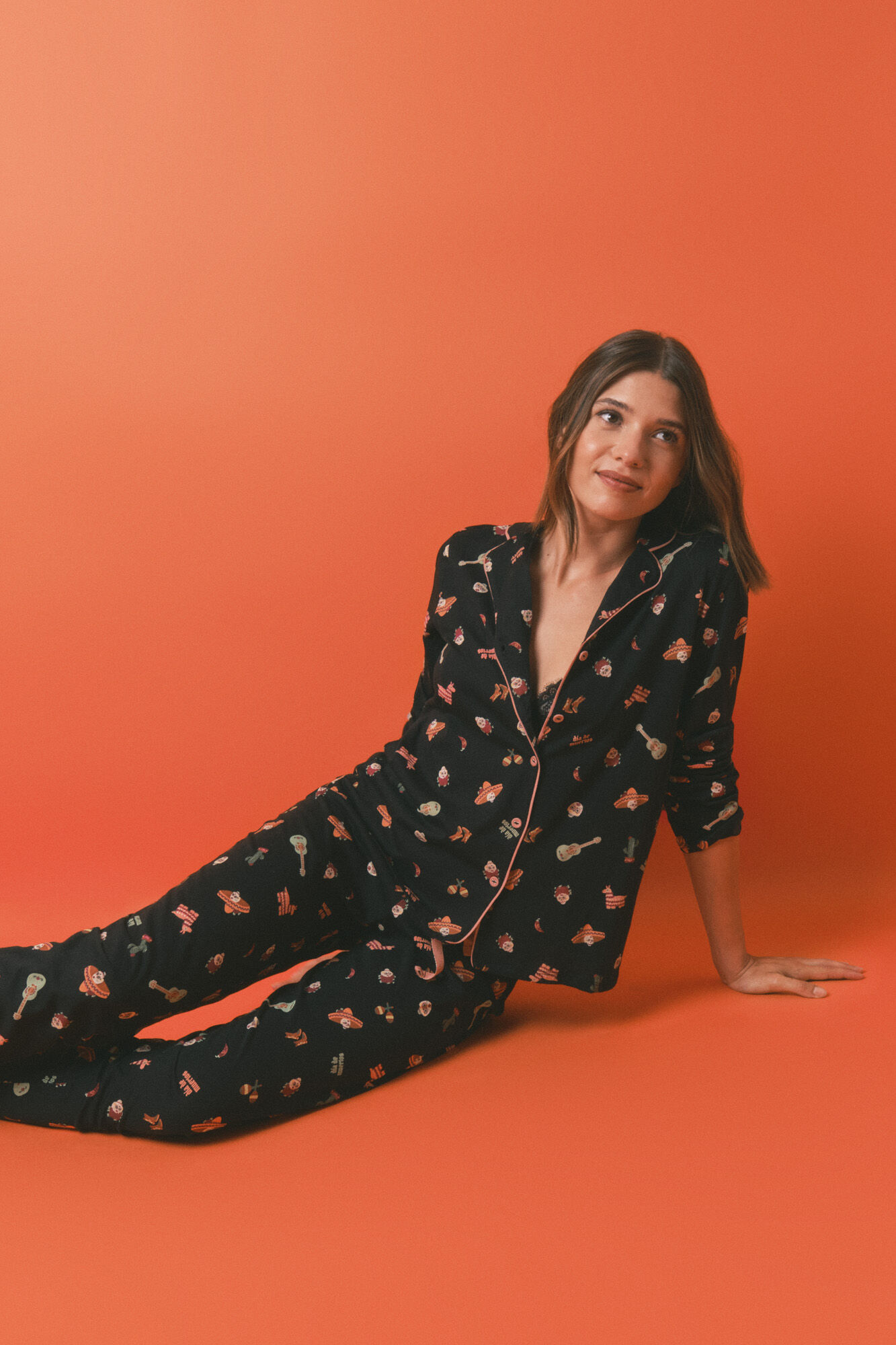 Women'secret Pijama camisera de algod&oacute;n negro "D&iacute;a de Muertos"