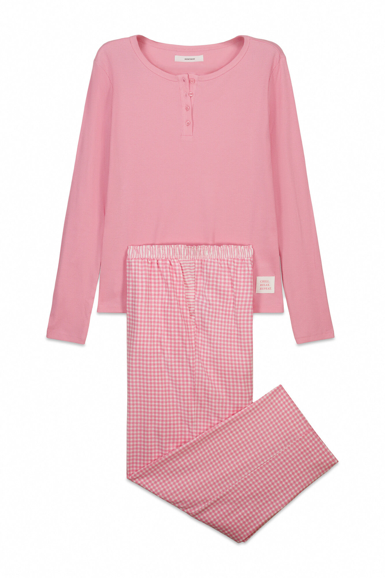 Women'secret Pijama larga estampado vichy de algod&oacute;n rosa rosa