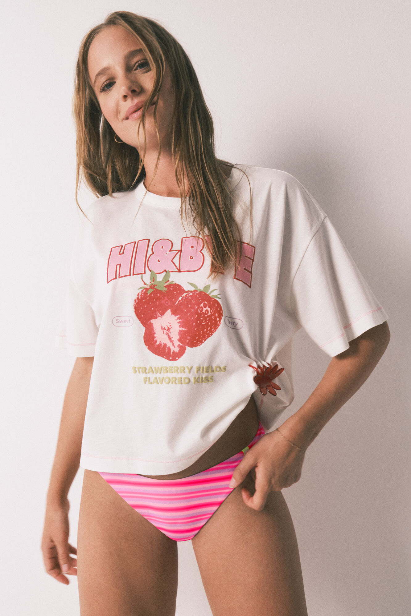 HI&BYE Panty de bikini brasile&ntilde;o estampado de rayas rosa rosa