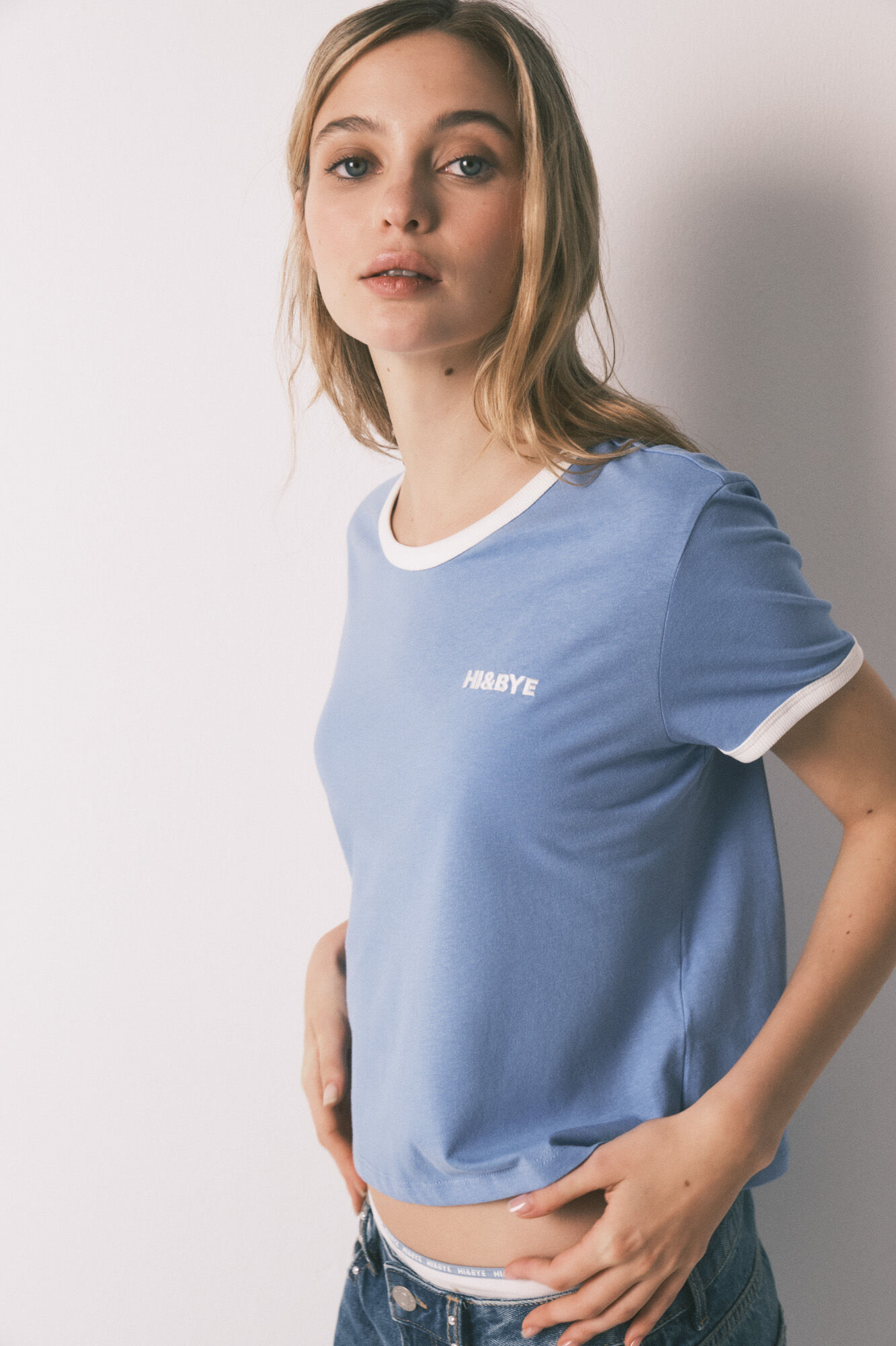 HI&BYE Playera lisa de manga corta de 100% algod&oacute;n azul azul