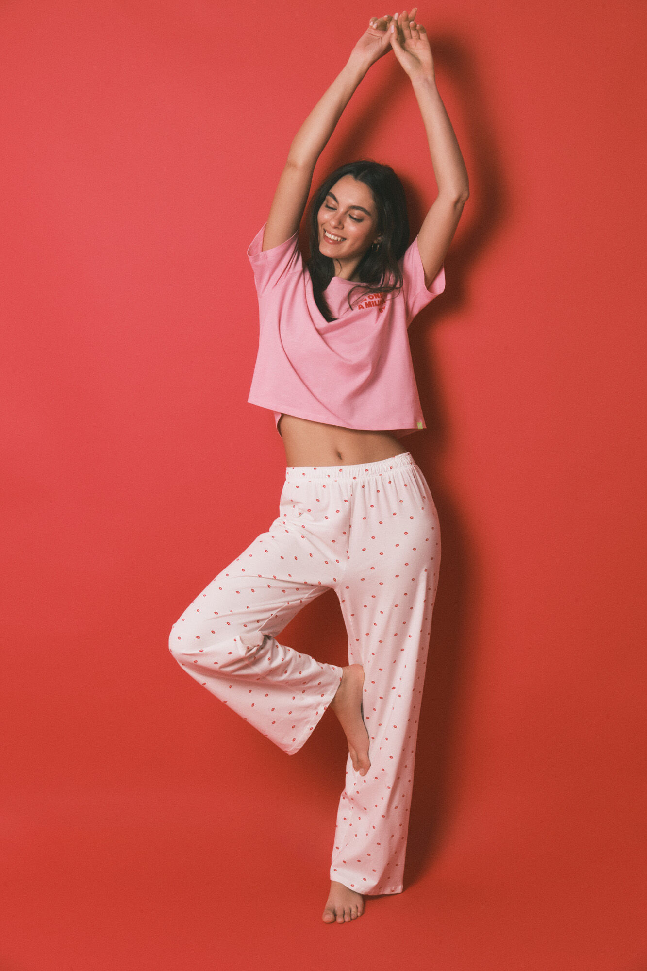 HI&BYE Pijama larga estampada de 100% algod&oacute;n rosa rosa