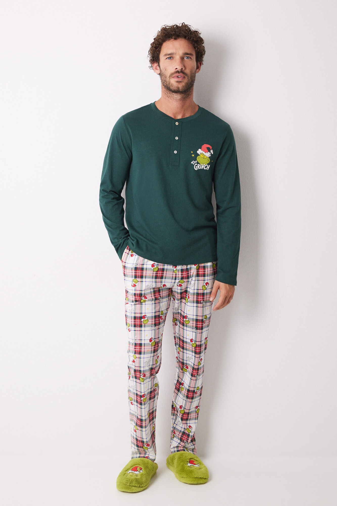 Women'secret Pijama masculina 100% algod&oacute;n cuadros Grinch verde