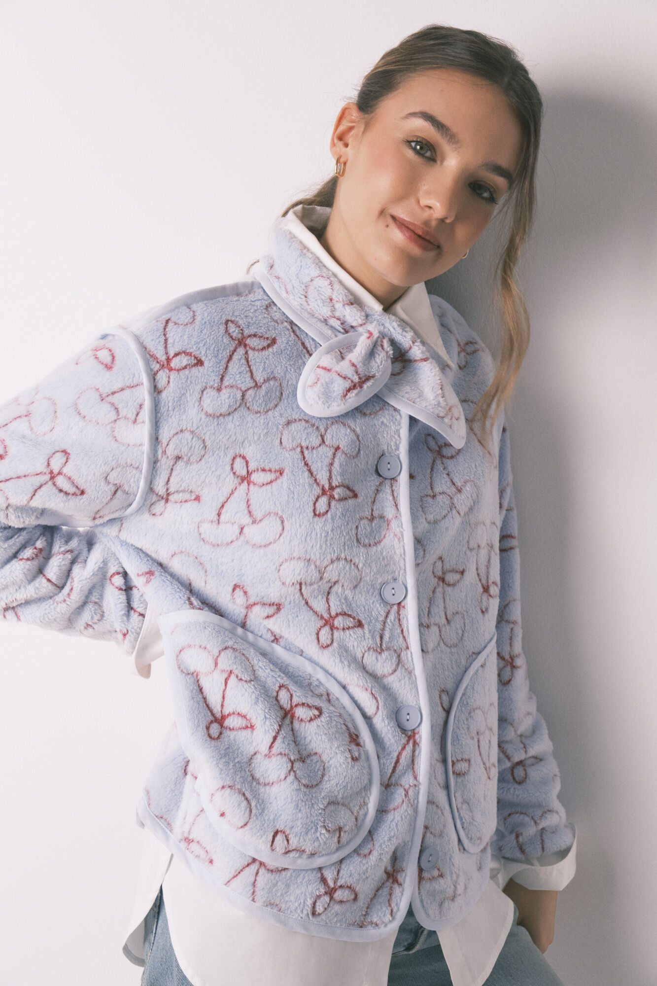 Women'secret Bata de polar con imitaci&oacute;n pelo Jacquard azul