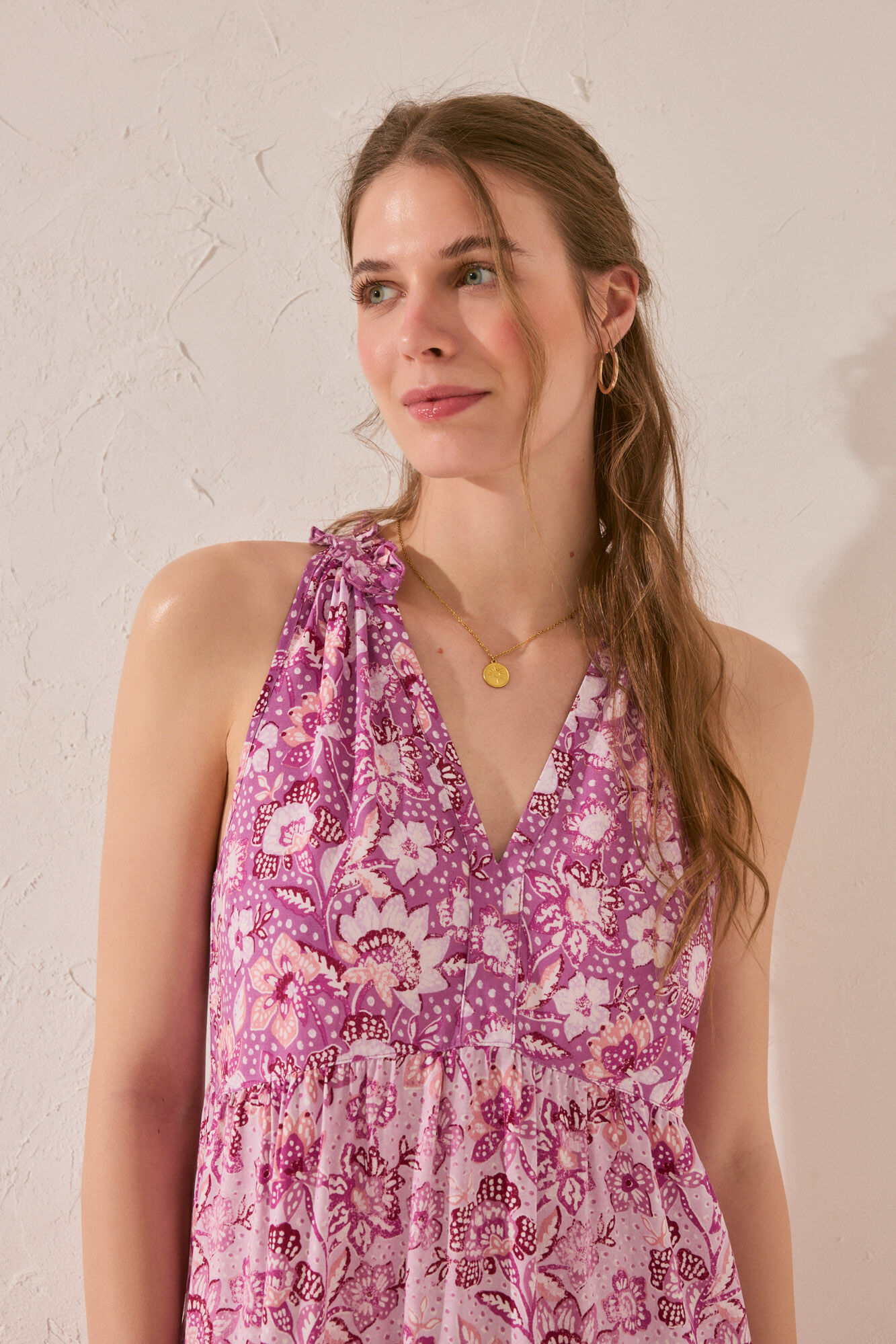 Women'secret Vestido largo de tirantes de viscosa con estampado morado/lila estampado