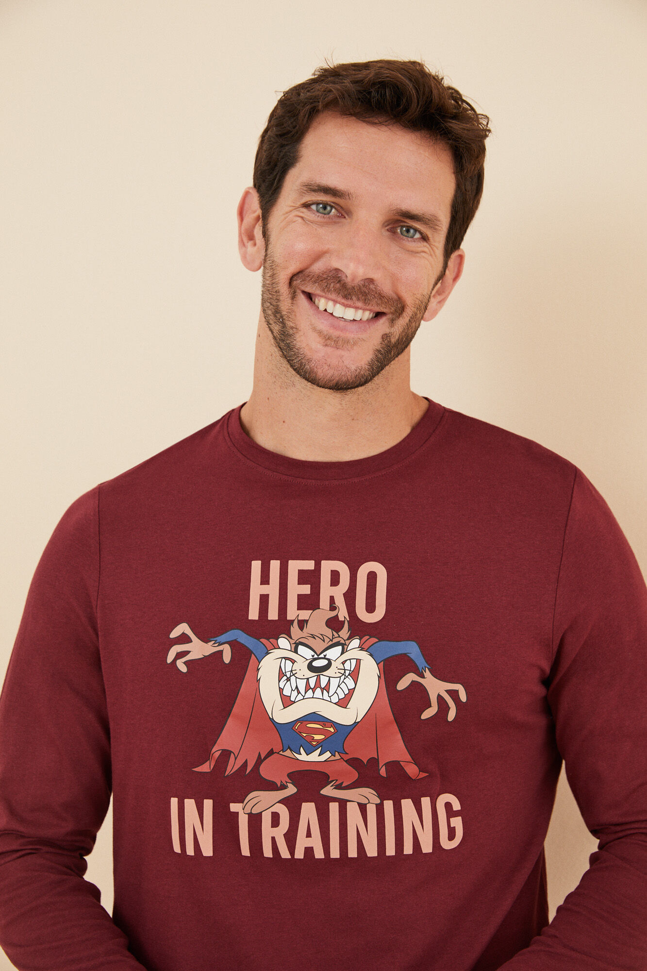 Women'secret Pijama larga hombre 100% algod&oacute;n Diablo Tasmania p&uacute;rpura