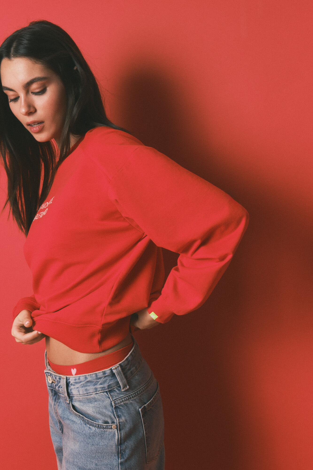 HI&BYE Sudadera corta lisa de algod&oacute;n roja rojo