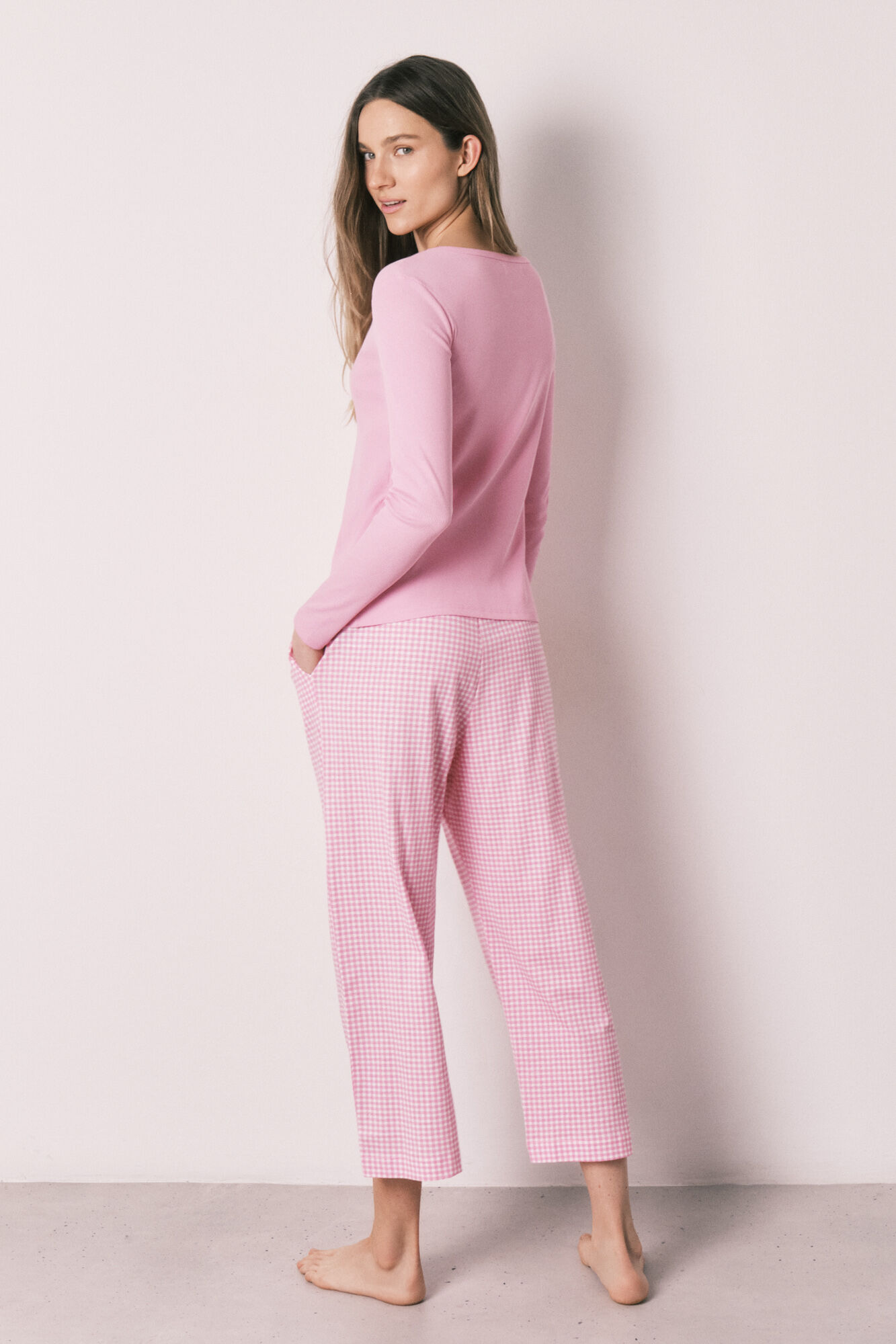 Women'secret Pijama larga estampado vichy de algod&oacute;n rosa rosa