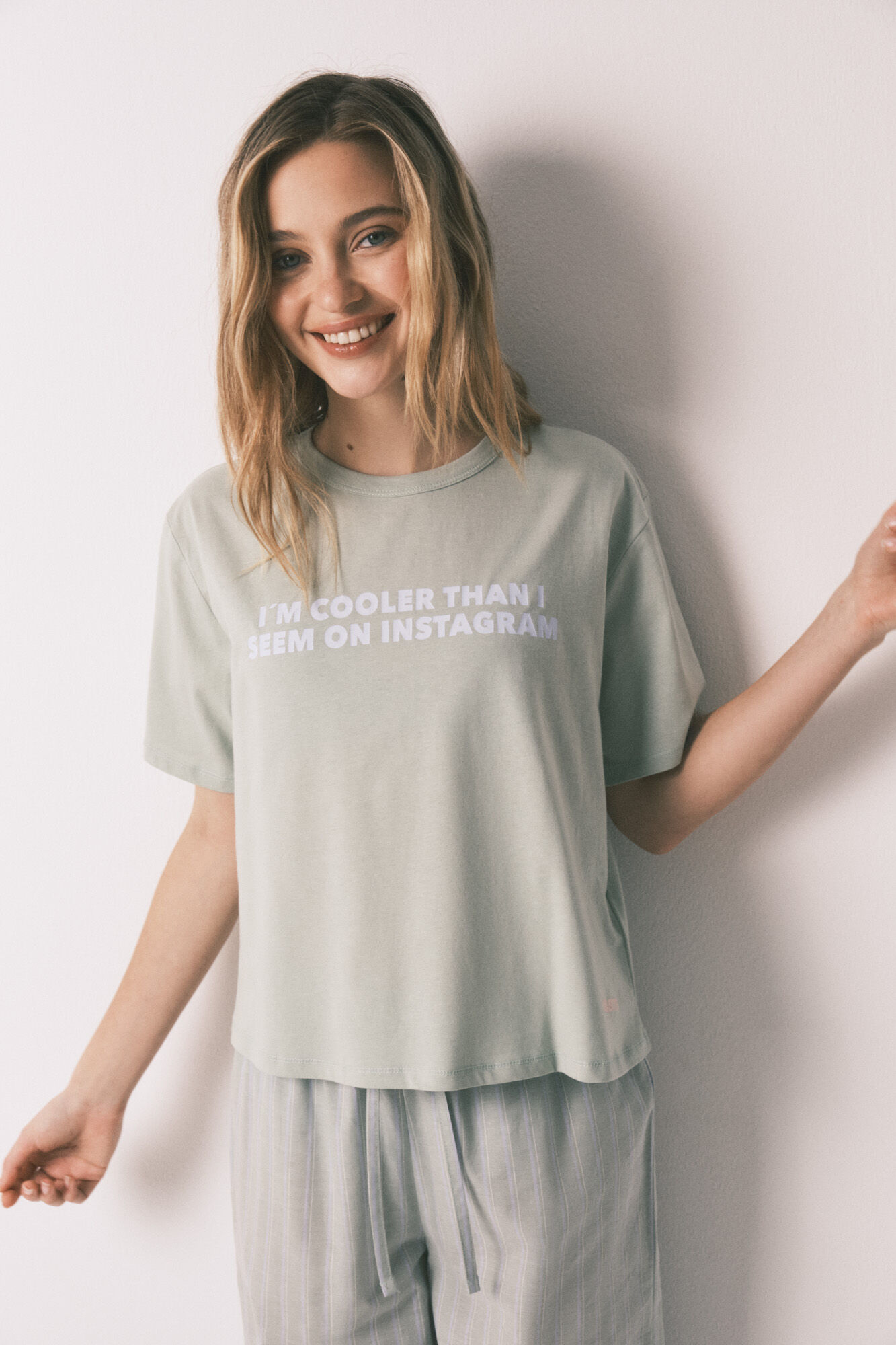 HI&BYE Pijama larga a rayas de 100% algod&oacute;n verde