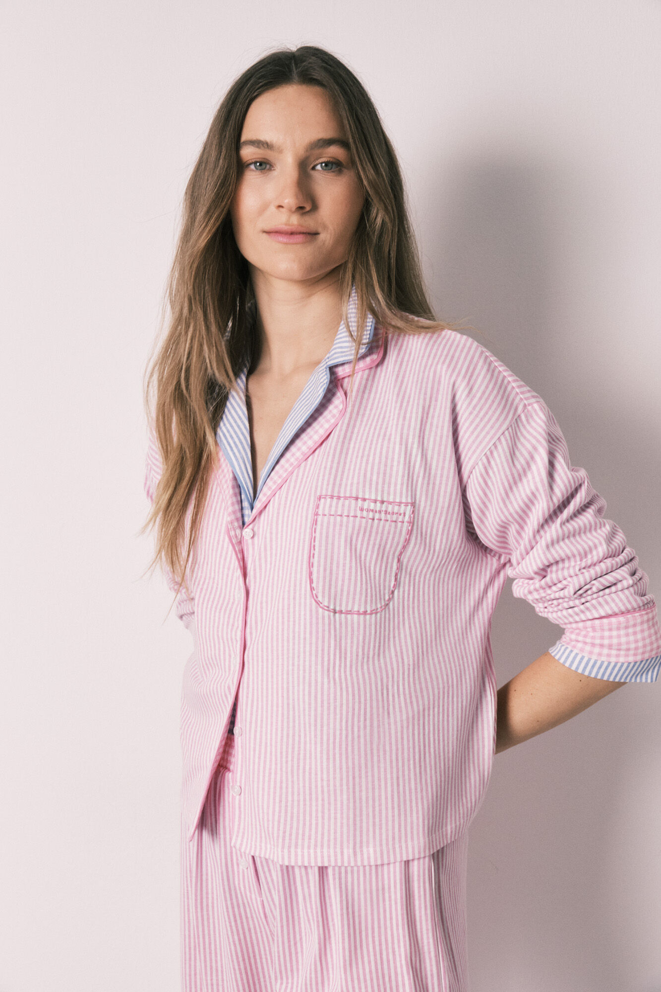 Women'secret Pijama camisera larga a rayas de algod&oacute;n rosa