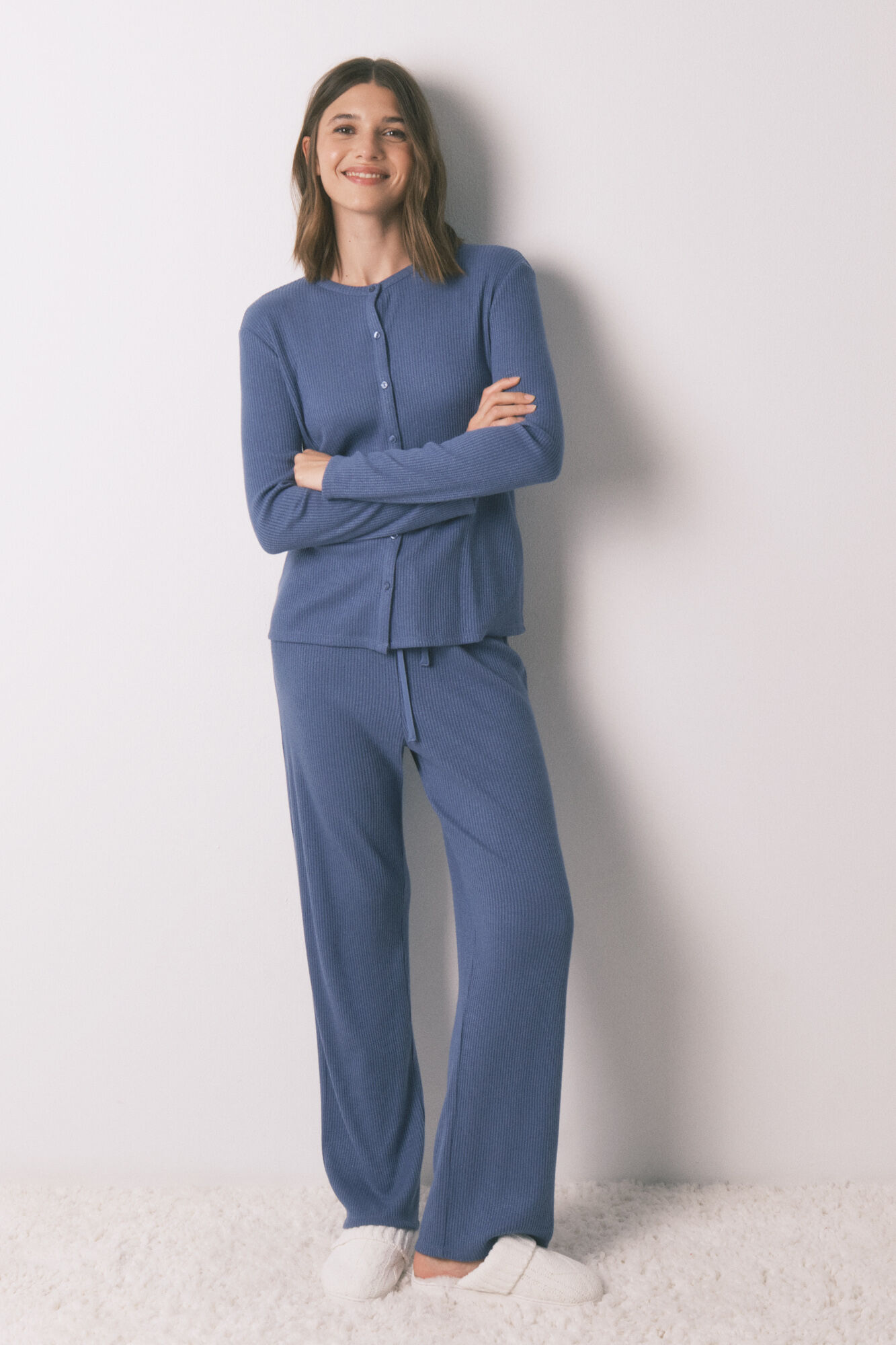 Women'secret Pijama larga rib con efecto brillante azul