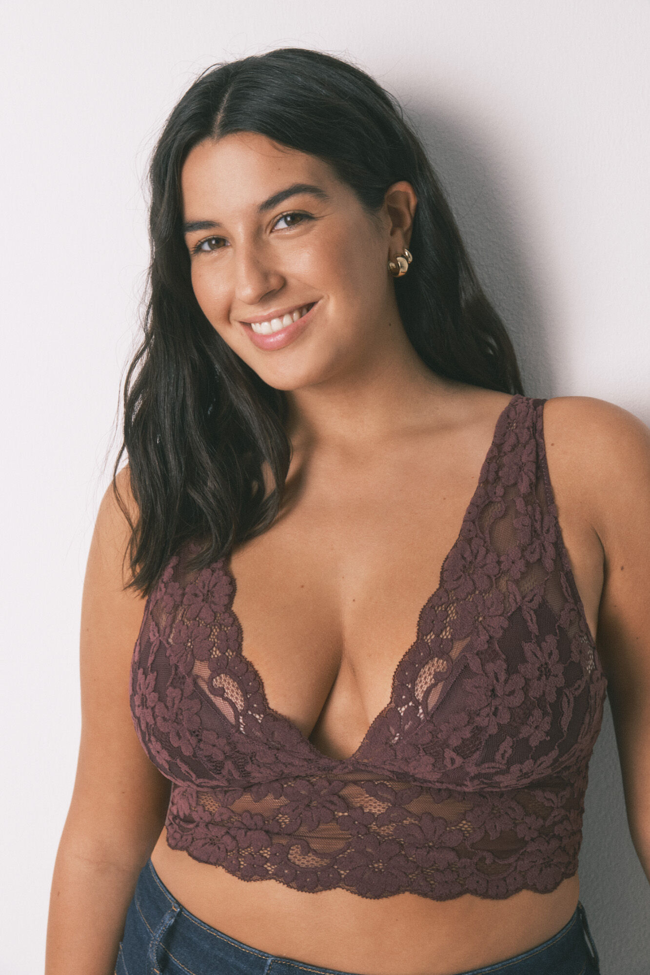 Women'secret Brasier bralette de cuello halter granate con encaje p&uacute;rpura