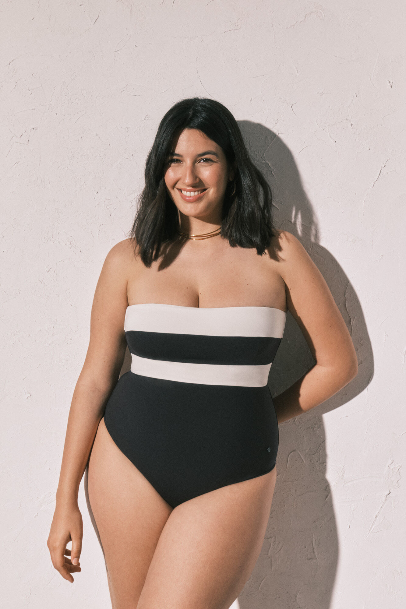 Women'secret Traje de ba&ntilde;o bandeau modelador color block B&W negro