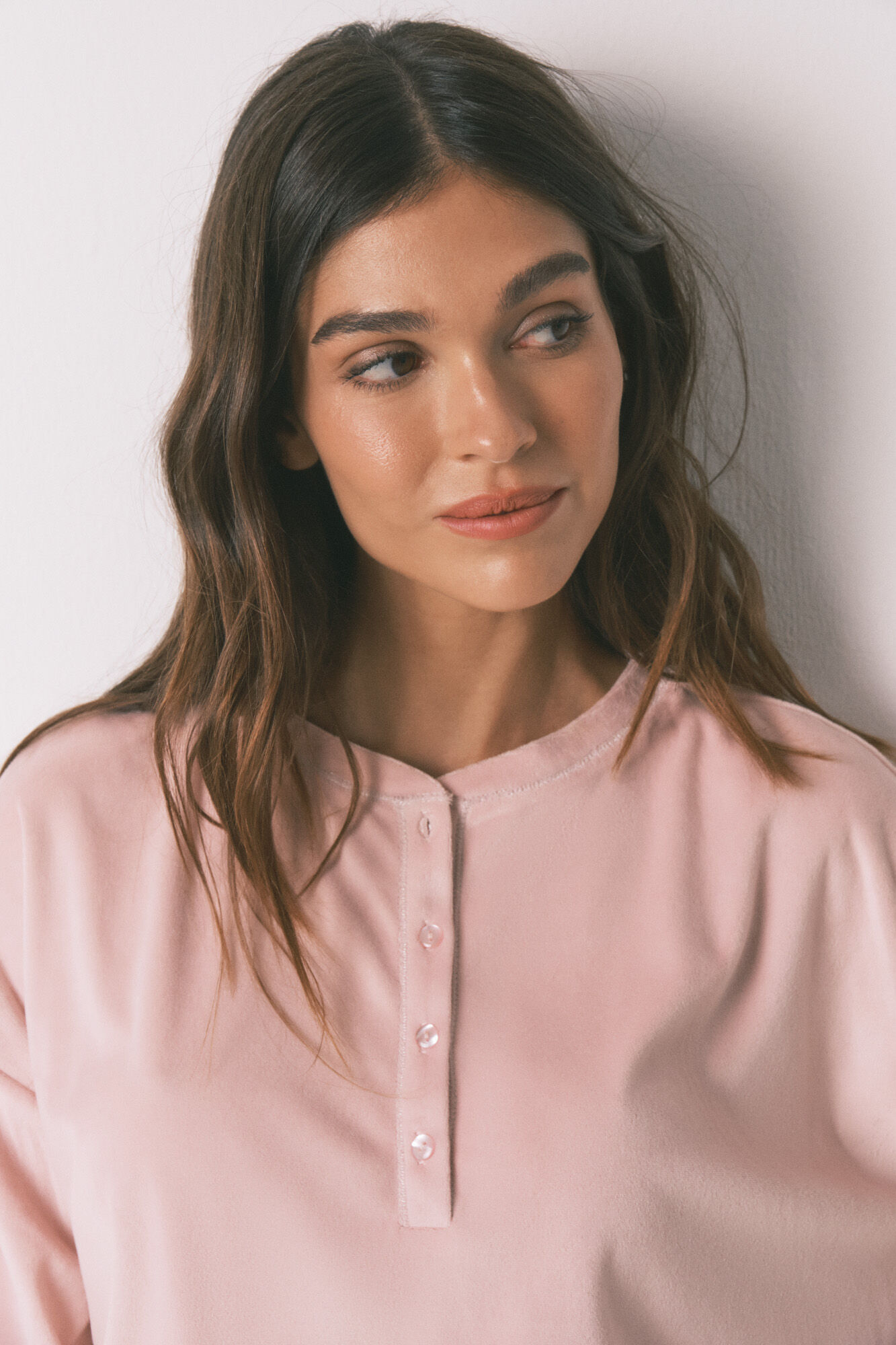 Women'secret Pijama larga polar suave cenefas rosa