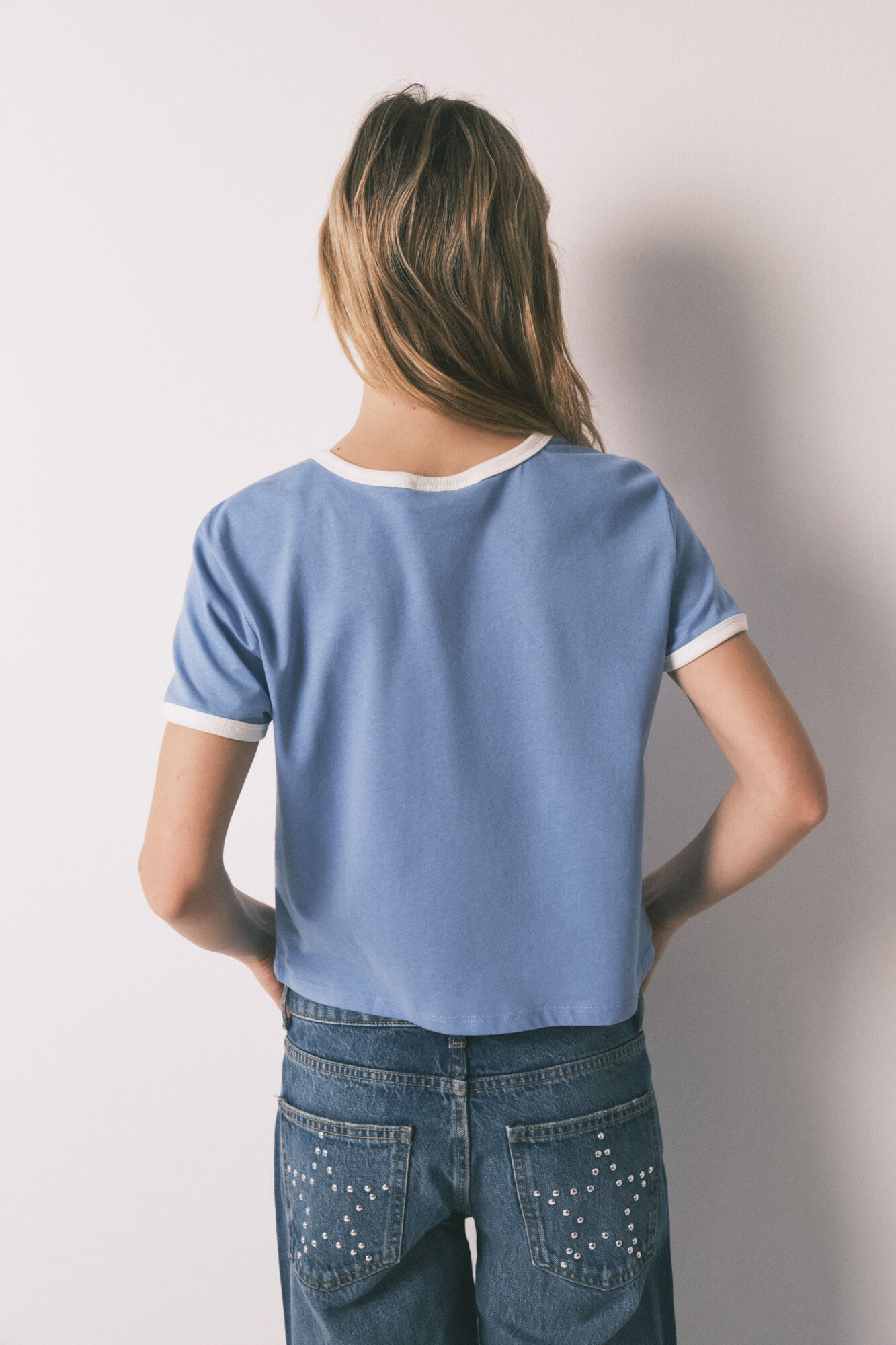 HI&BYE Playera lisa de manga corta de 100% algod&oacute;n azul azul