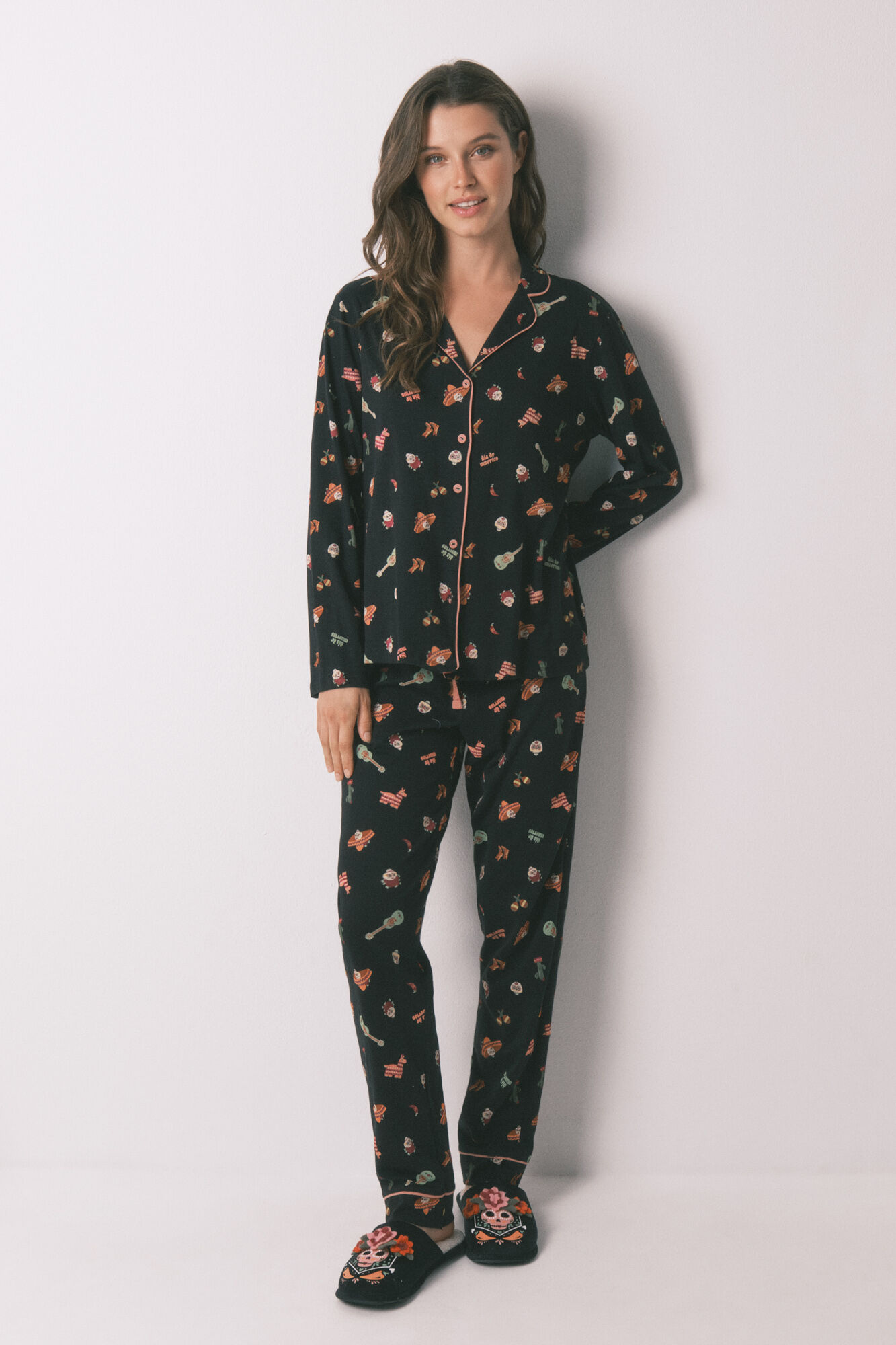 Women'secret Pijama camisera de algod&oacute;n negro "D&iacute;a de Muertos"