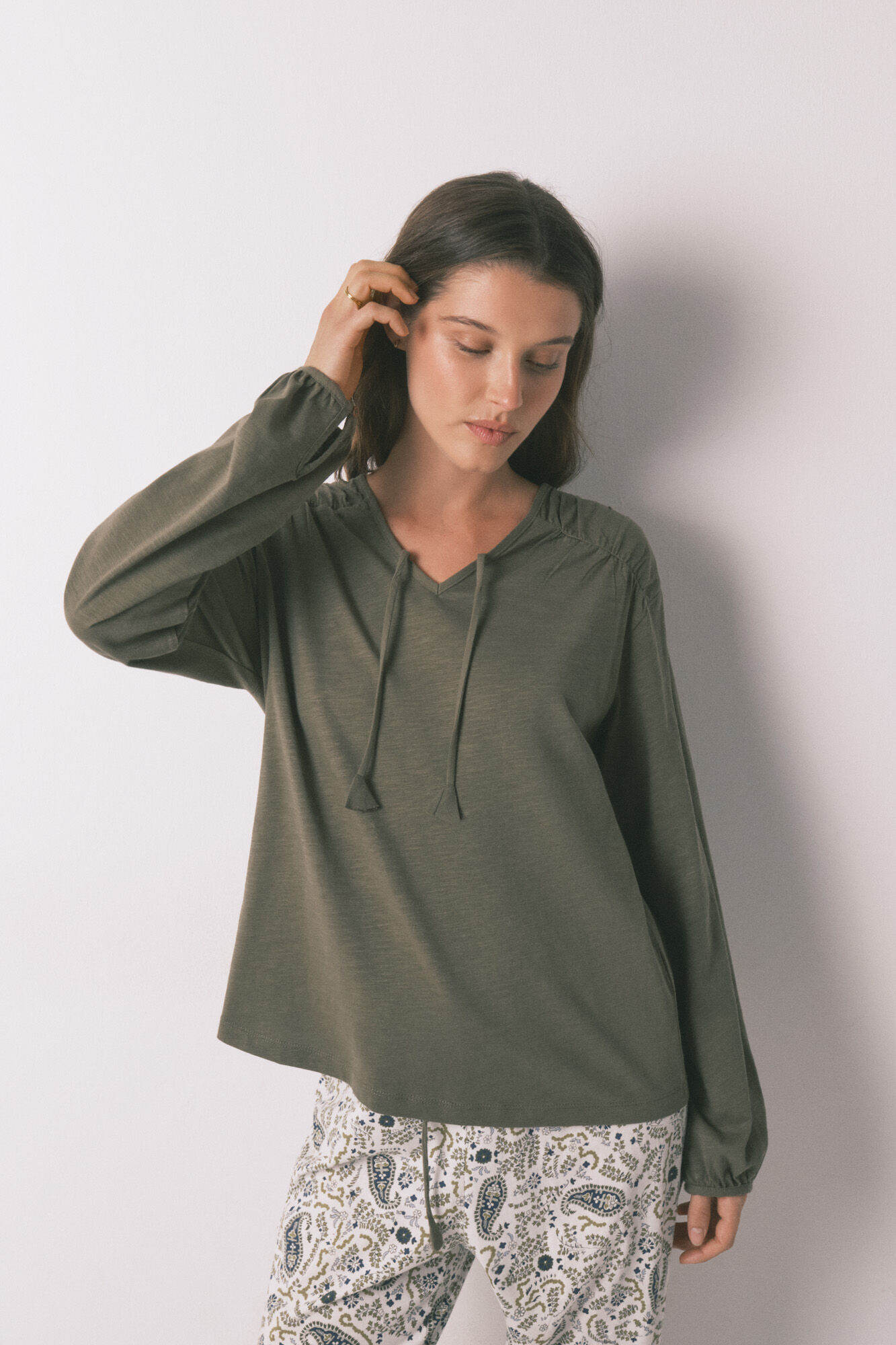 Women'secret Playera manga larga fruncida de algod&oacute;n verde