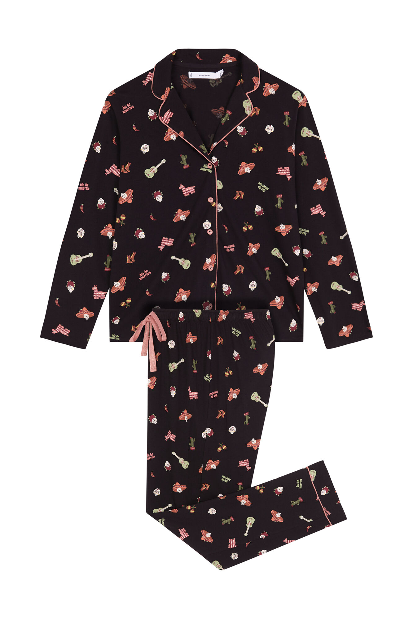 Women'secret Pijama camisera de algod&oacute;n negro "D&iacute;a de Muertos" negro