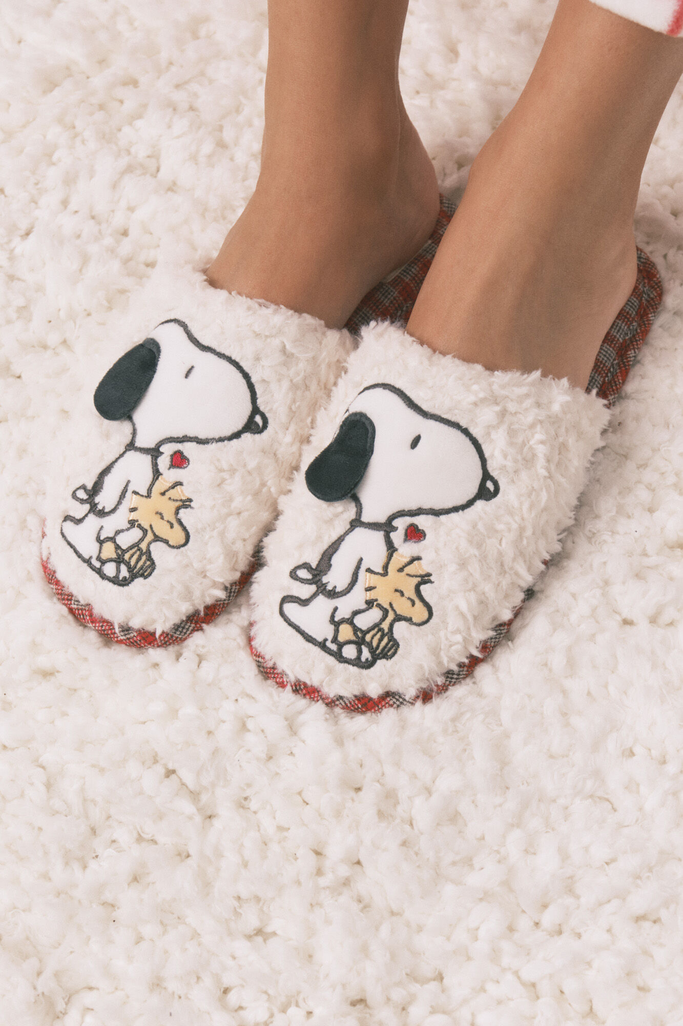 Women'secret Pantuflas para casa de borrego de oveja a cuadros de Snoopy