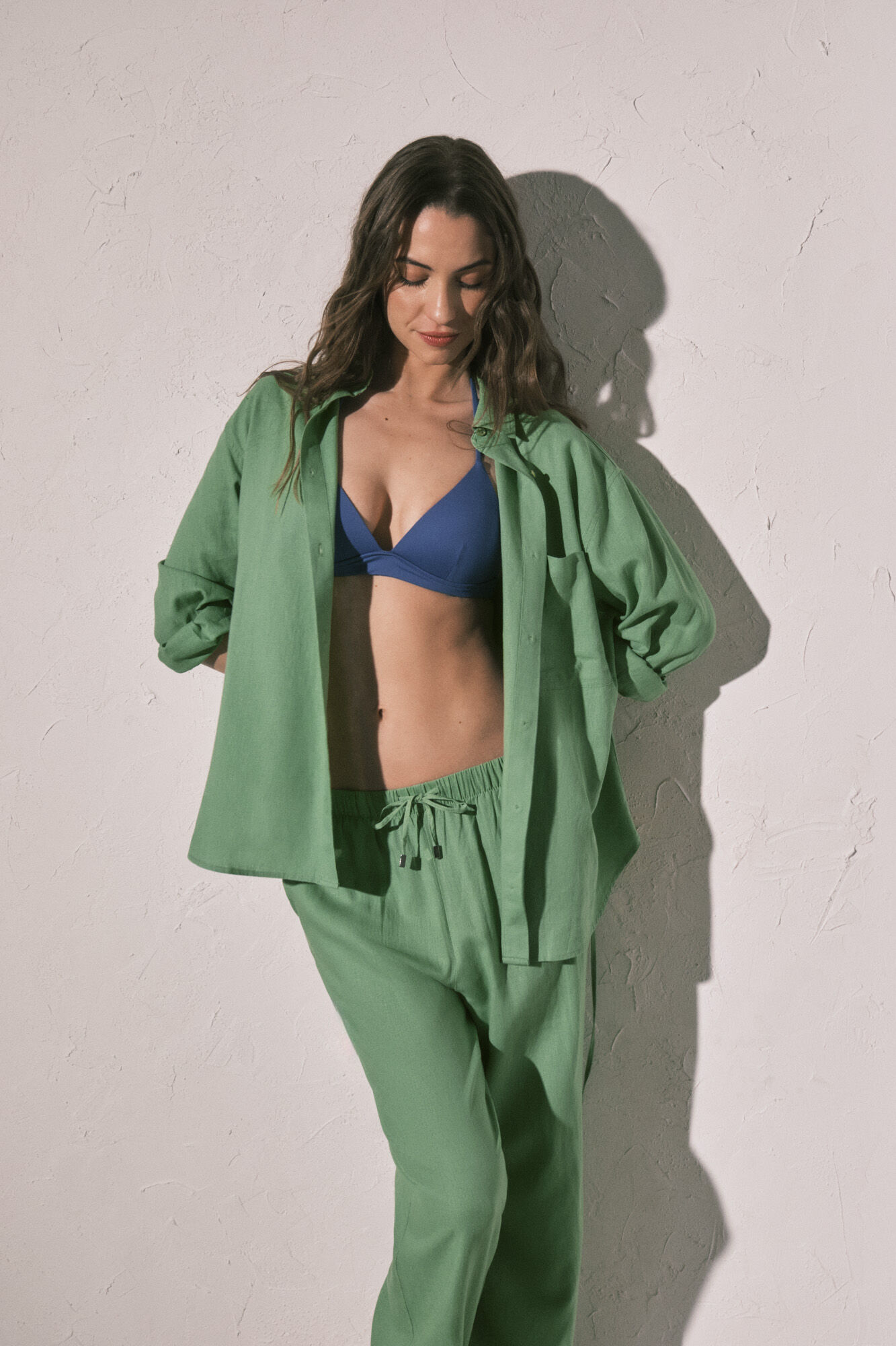 Women'secret Camisa de manga larga de lino verde verde