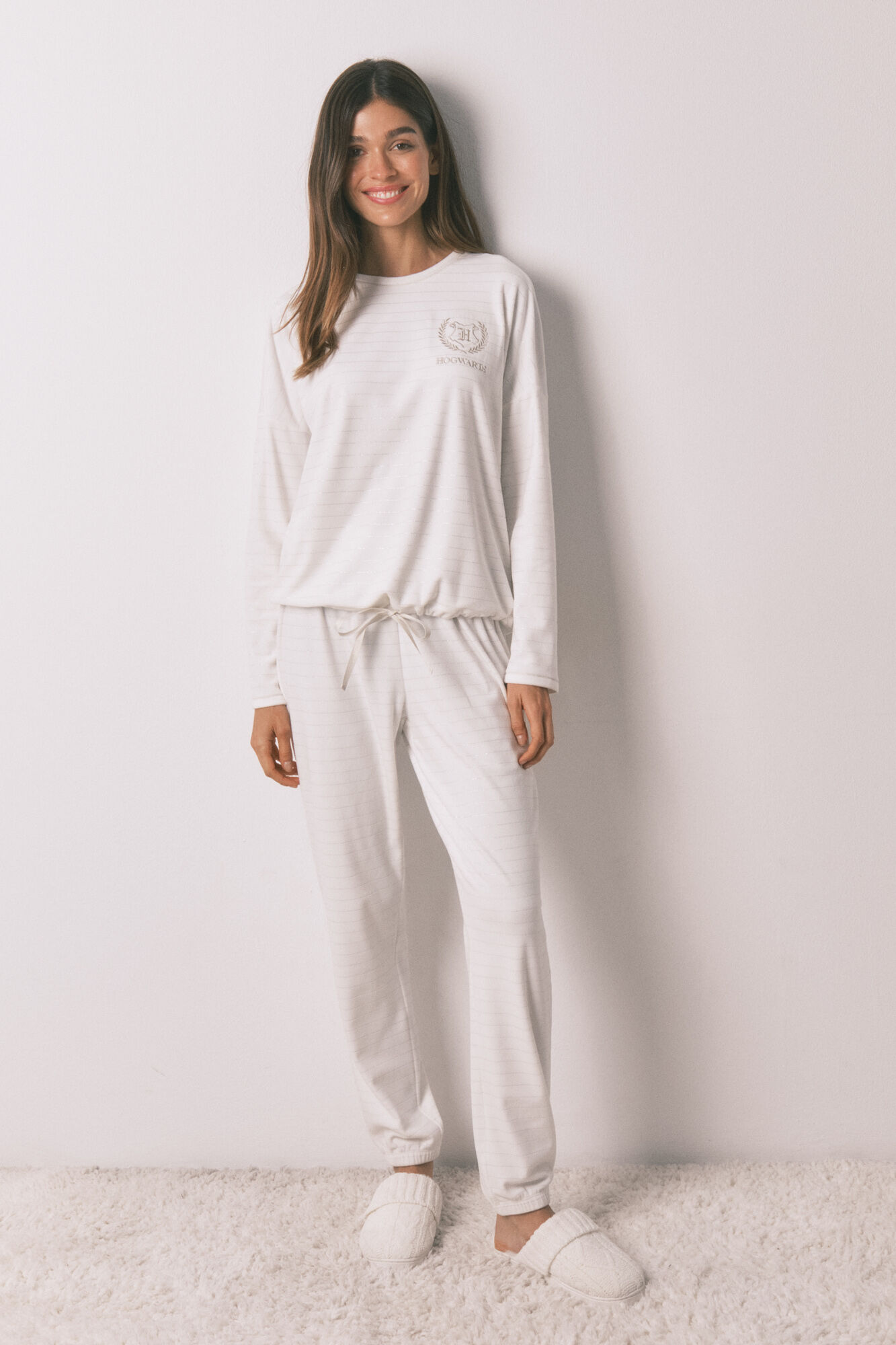 Women'secret Pijama larga polar estampado rayas lurex marfil