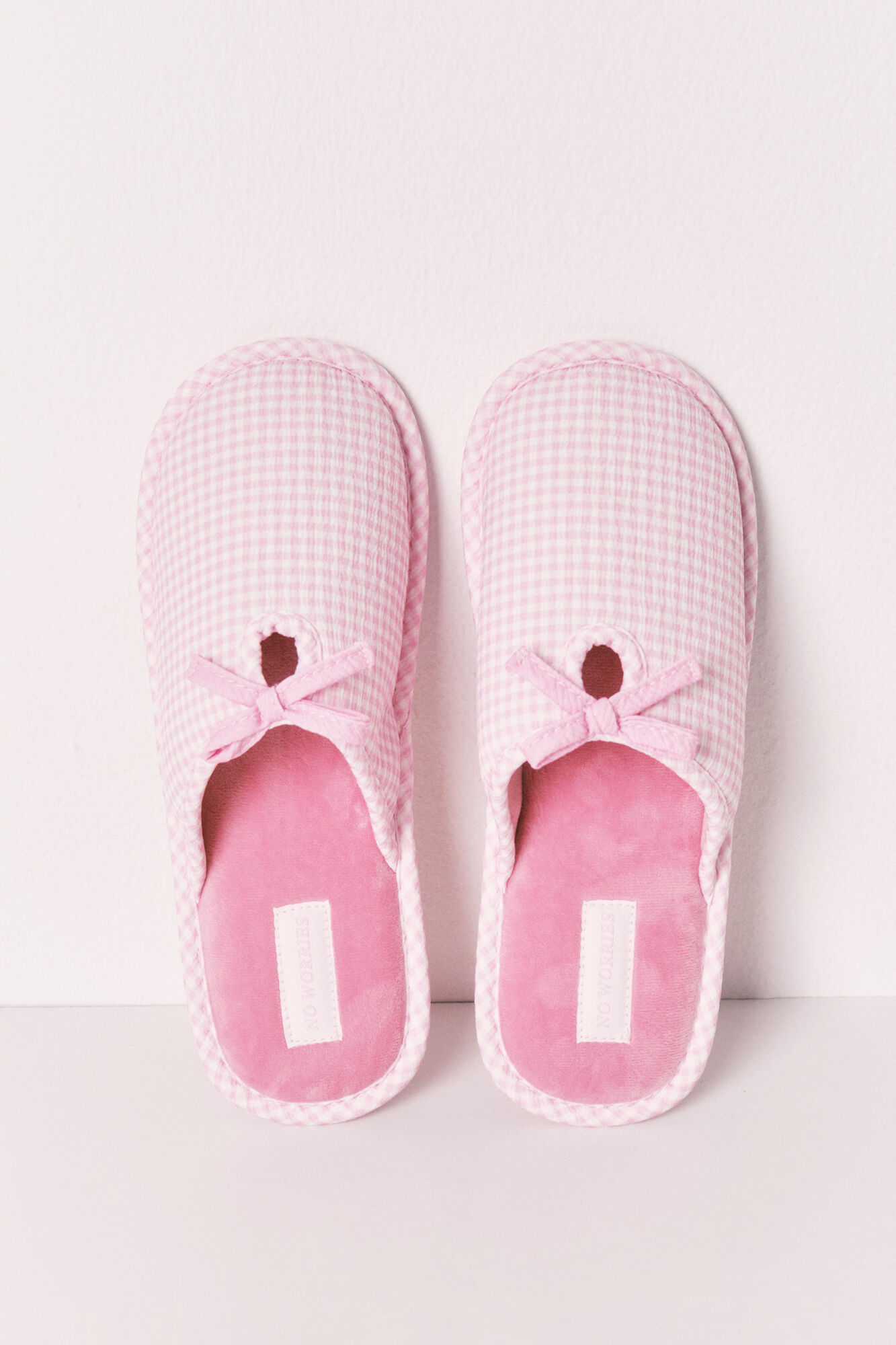 Women'secret Pantuflas estampado vichy con lazo rosa rosa