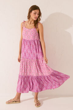 Womensecret Vestido largo de volantes con print tribal rosa