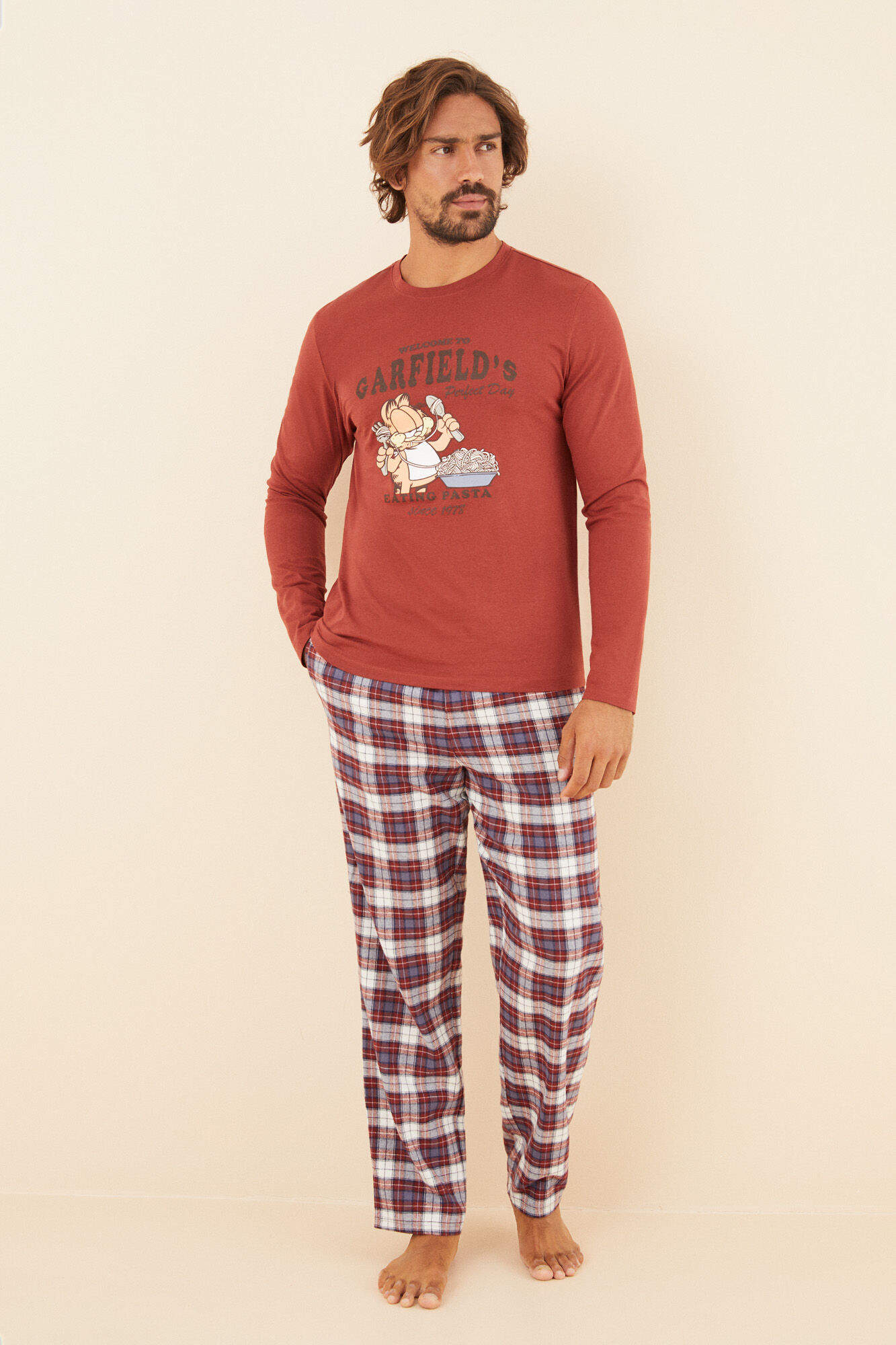 Women'secret Pijama larga hombre 100% algod&oacute;n Garfield naranja