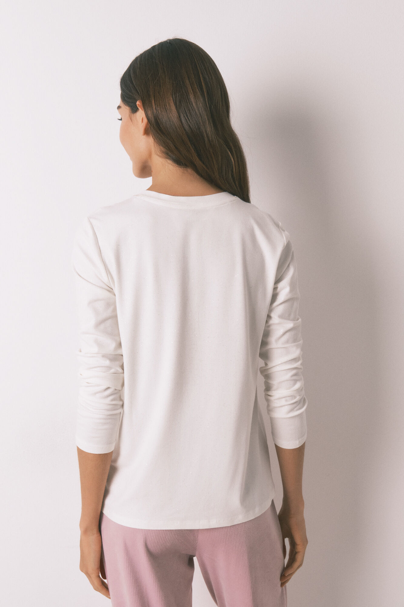 Women'secret Playera de viscosa blanca brillante de manga larga marfil